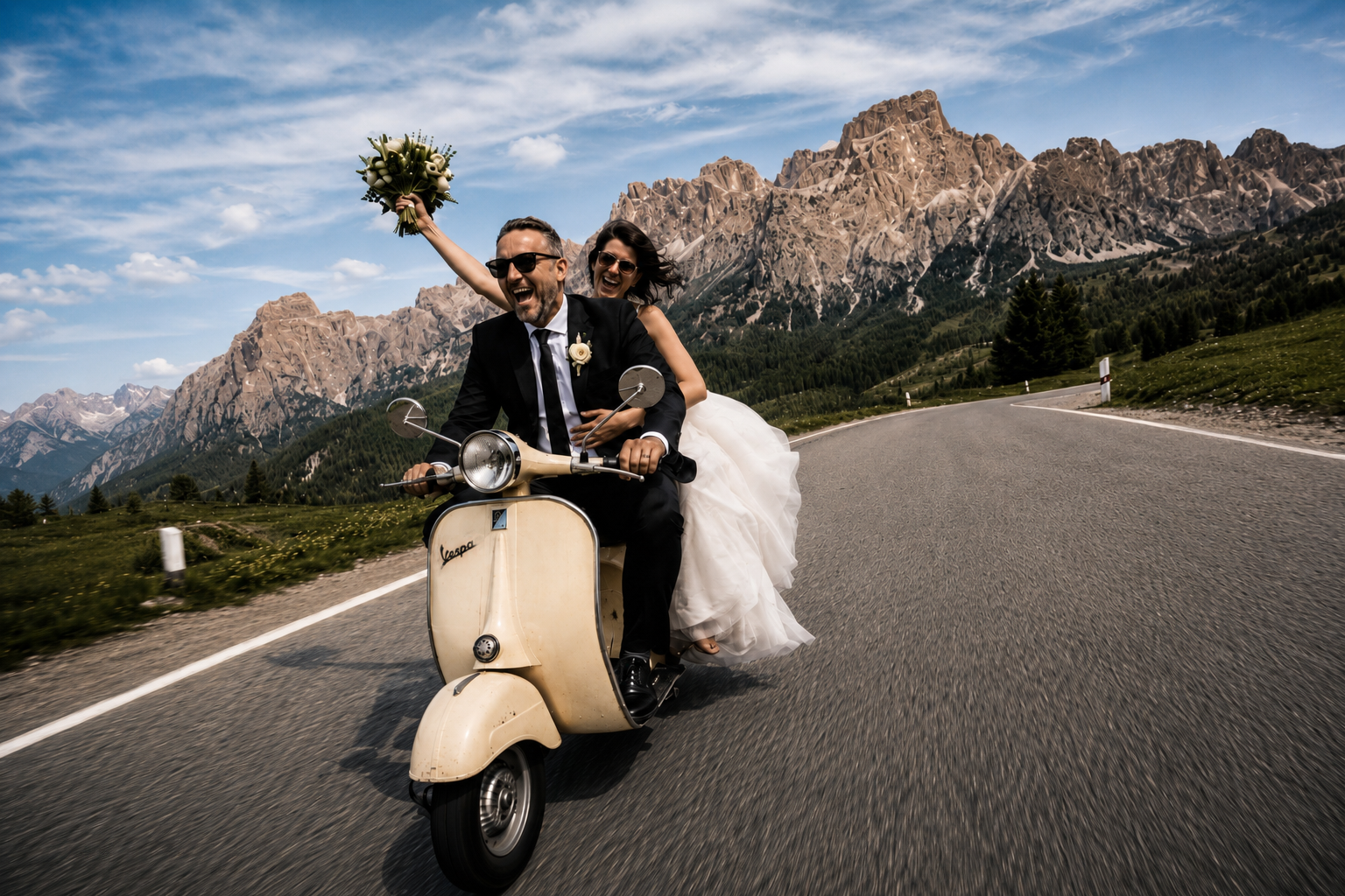 married couple riding a vintage scooter on an open road with mountains in the background. The groom is driving, dressed in a suit, and the bride is sitting behind him, wearing a wedding dress and holding a bouquet, smiling and waving.