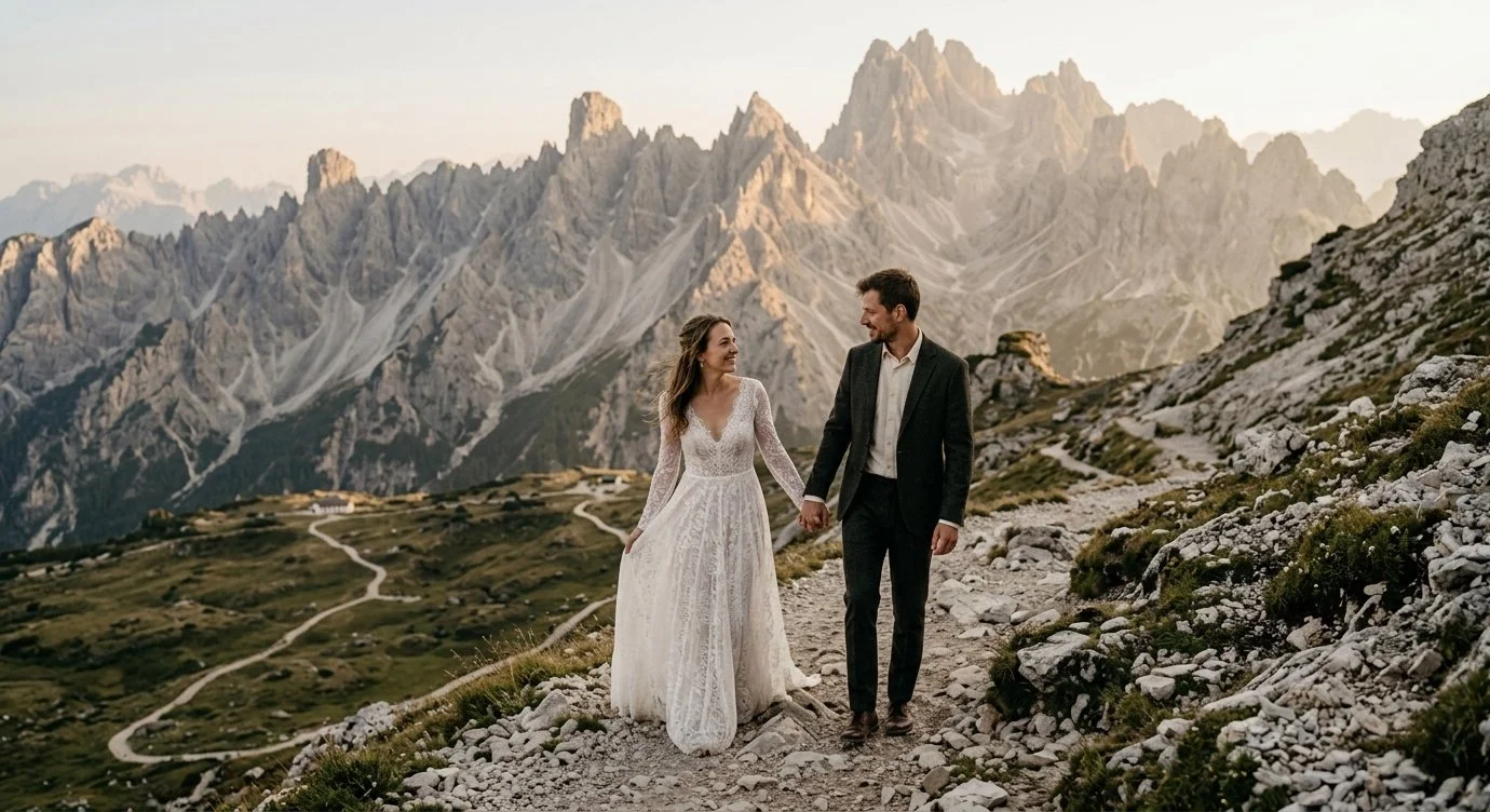 A couple in wedding attire walking hand-in-hand on a rocky mountain trail with rugged mountains in the background.