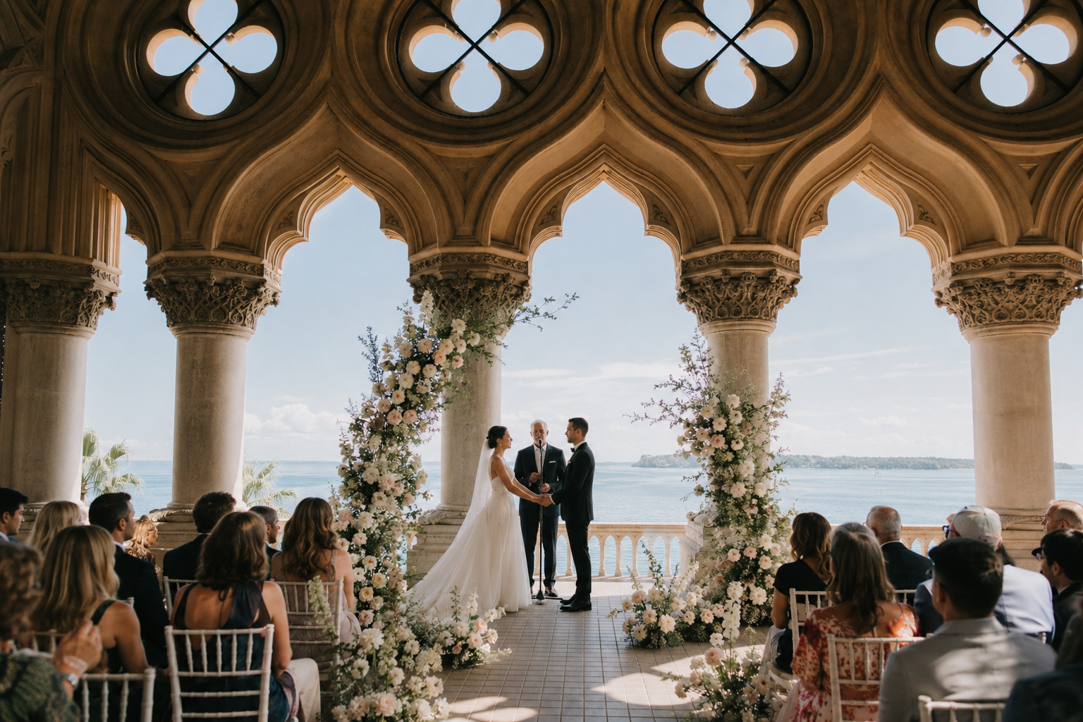 Romantic wedding ceremony at Isola del Garda with floral ceremony arches, historic Venetian-style loggia architecture, Lake Garda views and guests during an elegant destination wedding in Italy.