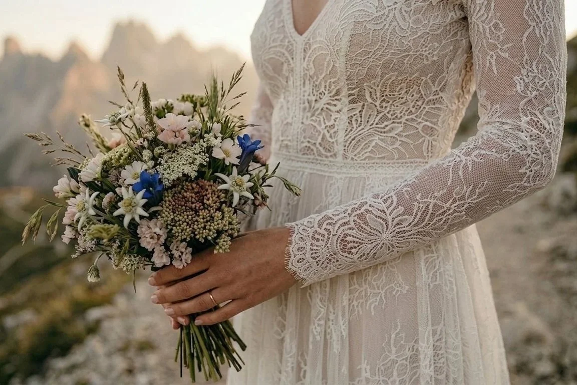A woman in a lace wedding dress holds a bouquet of mixed flowers, including white, pink, blue, and purple blossoms, against a natural outdoor background with blurred mountains.