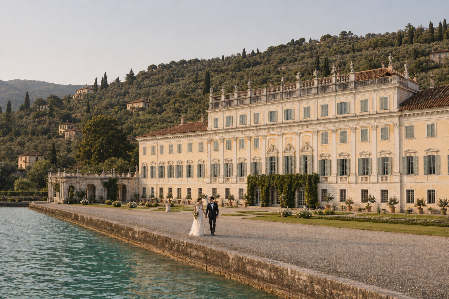 Italy wedding couple walking in front of Villa Bettoni on Lake Garda during golden hour, cinematic destination wedding photography in Northern Italy with historic villa and lake views.