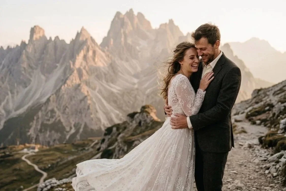 wedding couple in an intimate and joyful moment in the dolomites during sunset.