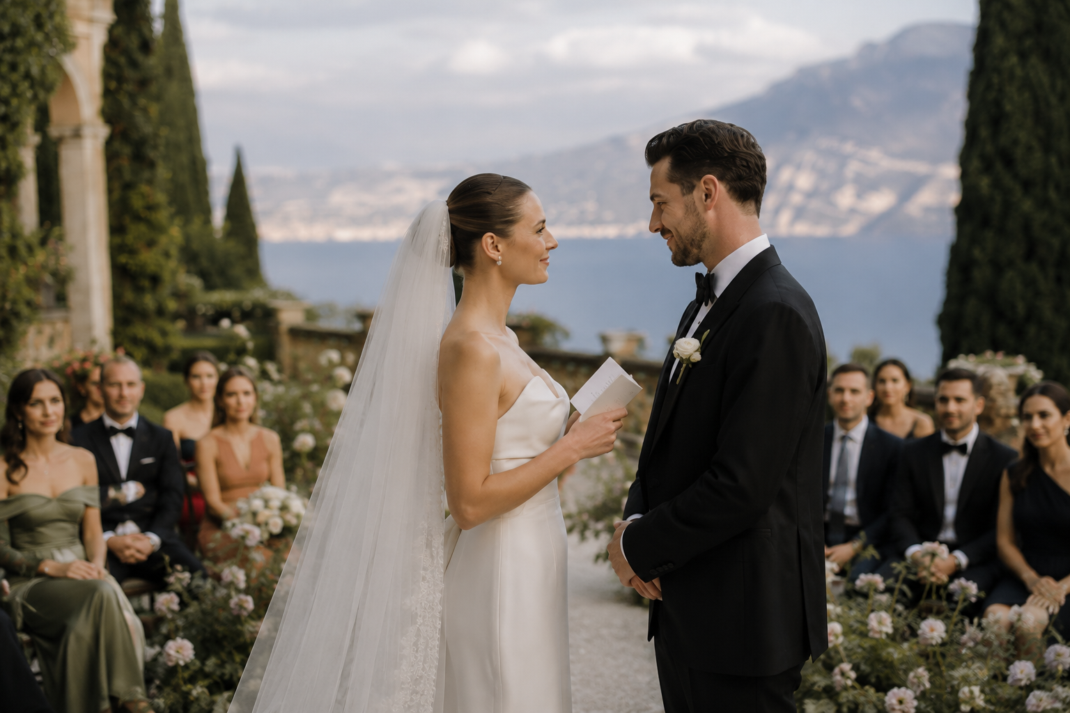 Bride and groom exchanging vows during an outdoor Lake Garda wedding ceremony overlooking the lake.