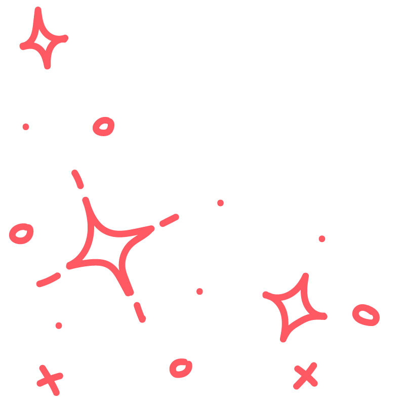 Pink starburst and space-themed doodles on a black background.