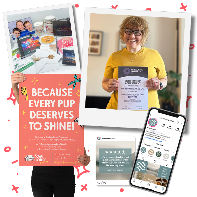 A collage of images includes a woman holding a certificate of achievement from the local awards, a tablet displaying a review of a pet grooming business, a smartphone showing a social media page about dog grooming, and a person holding a bright pink sign that reads 'Because Every Pup Deserves to Shine!' with various dog grooming products on a table.