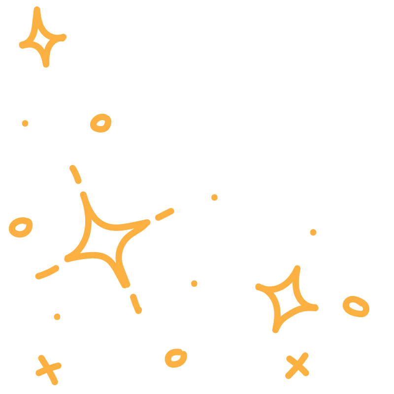 Decorative black background with orange stars, sparkles, and doodles.