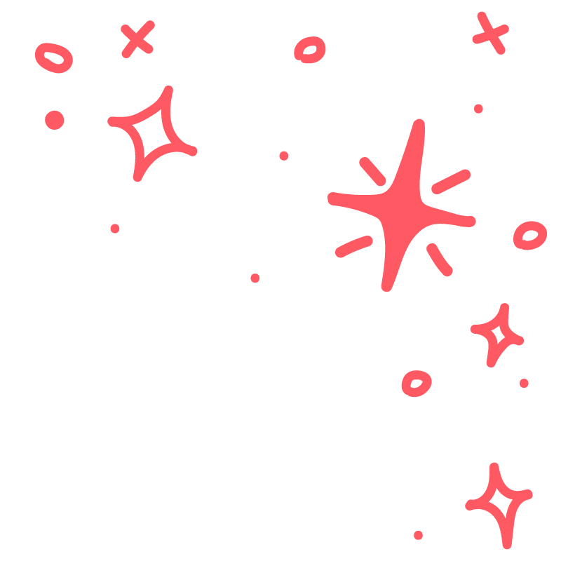 Pink doodles of stars, sparkles, and circles scattered on a black background.