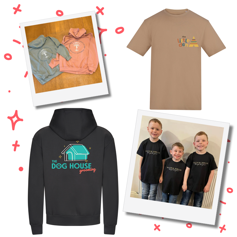 A collection of clothing and a photo of three young boys. The clothing includes two hoodies, one pink and one blue, with a circular logo, a beige T-shirt with colorful text, and a black hoodie with a dog house graphic and text. The boys are wearing matching black T-shirts with white text.