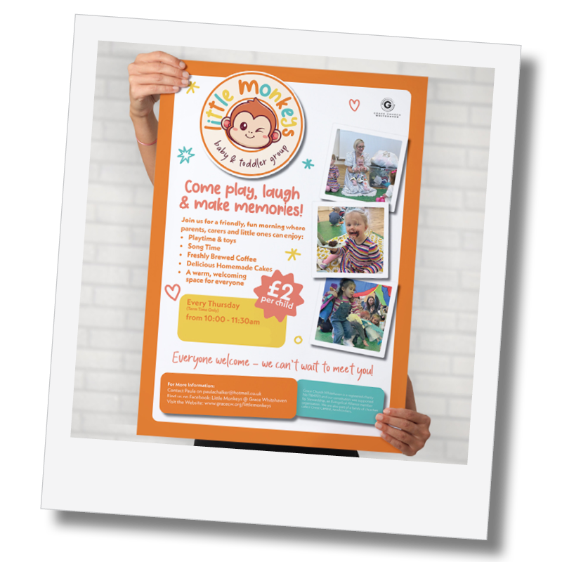 Marsden Makes Co Design Flyer for Little Monkeys baby and toddler group with images of children playing, featuring a cheerful monkey branding. Review from Paula, Cumbria
