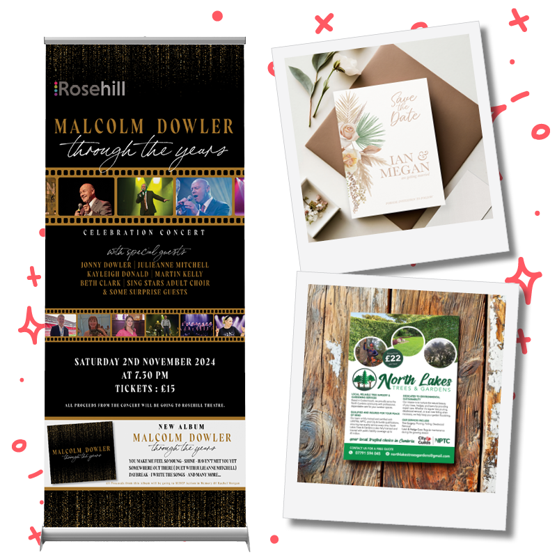 A promotional poster for Malcolm Dowler's concert, scheduled for Saturday, November 2, 2024, at 7:30 PM, with tickets costing 15 pounds. The poster features a black background with gold and white text, images of performers, and mentions a new album by Malcolm Dowler. Next to the poster, there are two greeting cards, one with a floral wedding theme and the other advertising North Lakes Trees & Gardens, displayed on a wooden surface.