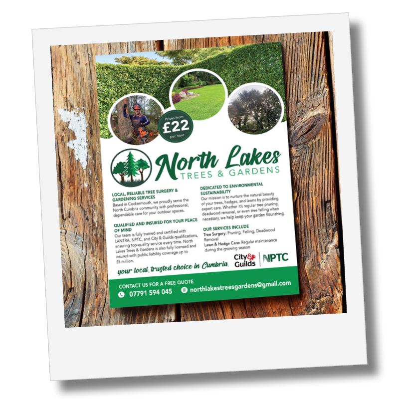 Marsden Makes Co Flyer for North Lakes Trees & Gardens advertising tree surgery and landscaping services, featuring images of landscaped gardens and trees, with contact information and service details. Review from Clive