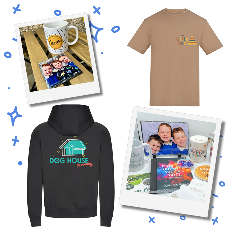 A collection of four items, including a framed photo of three children, a beige T-shirt with colorful text that reads "the little den," a black hoodie with a dog house graphic and text "The Dog House Grooming," and a framed photo of three children with coffee mugs and a book on a table.