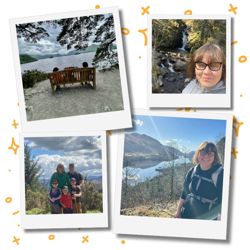 Photo collage featuring outdoor scenes with Cumbria lakes, mountains, trees, and a woman with glasses in various locations, including a lakeside bench, a river waterfall, and mountain viewpoints. Cumbria Inspiration for Marsden Makes Co.