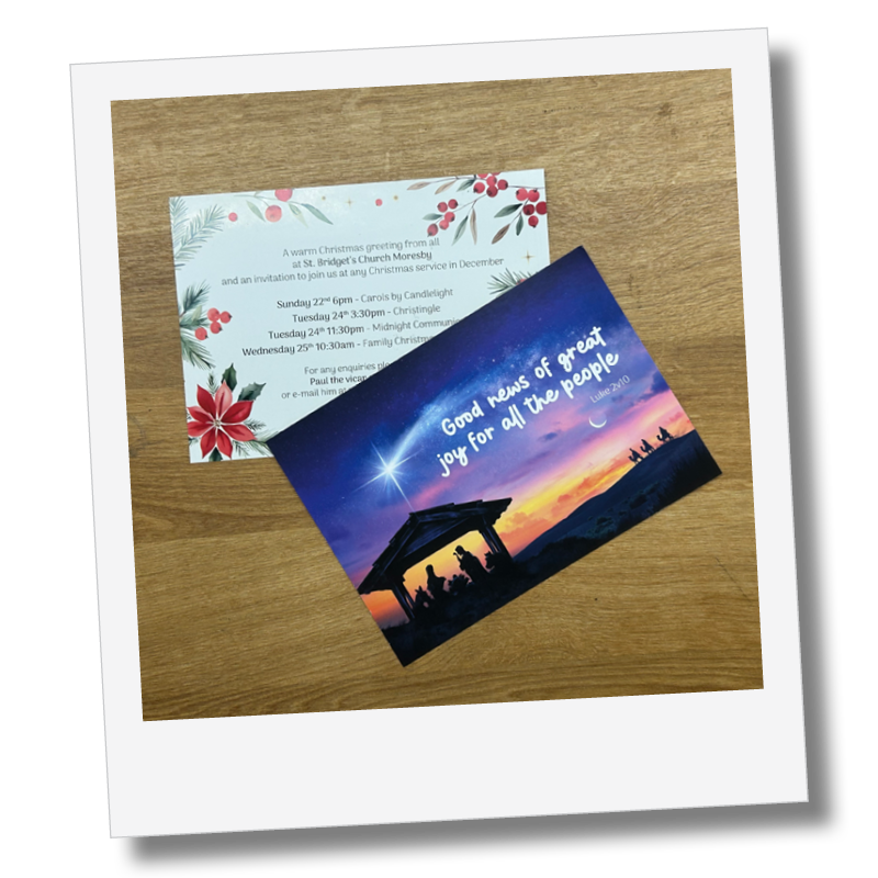 Marsden Makes Co. Design Postcard Leaflet for Local Church one with a Christmas design and the other with a nativity scene and sunset background. Review from local Church