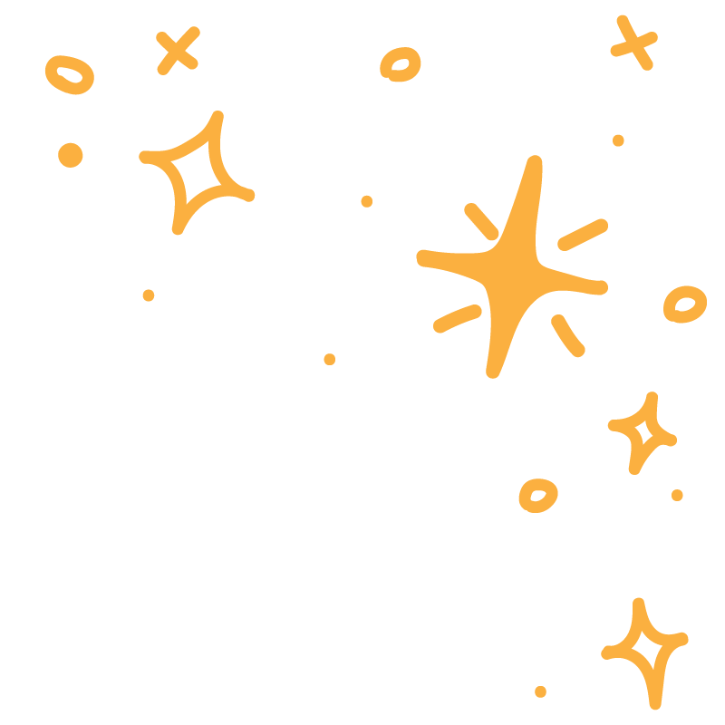 Decorative illustration of stars and sparkles in orange on a black background.