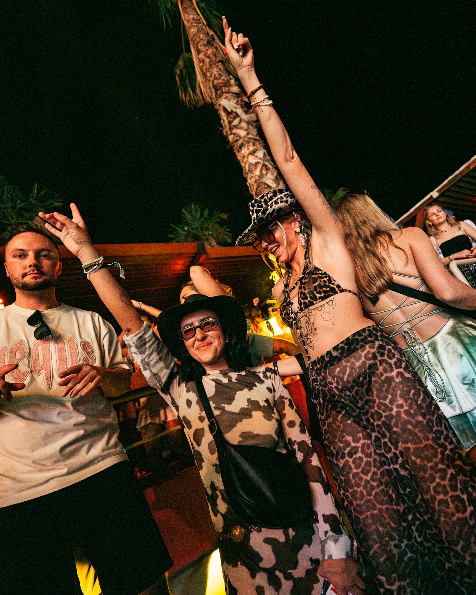 Menschen feiern auf einer Party im Freien bei Nacht, einige tragen Tiermuster-Kleidung und Hüte, fröhliche Atmosphäre, Palmen im Hintergrund.