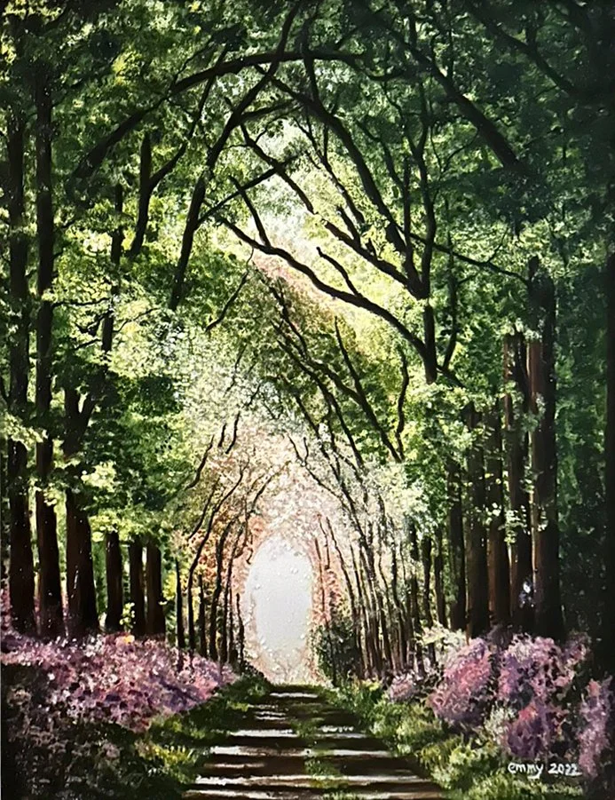 Walking through rhododendrons, oil on canvas, 120cmx80 cm