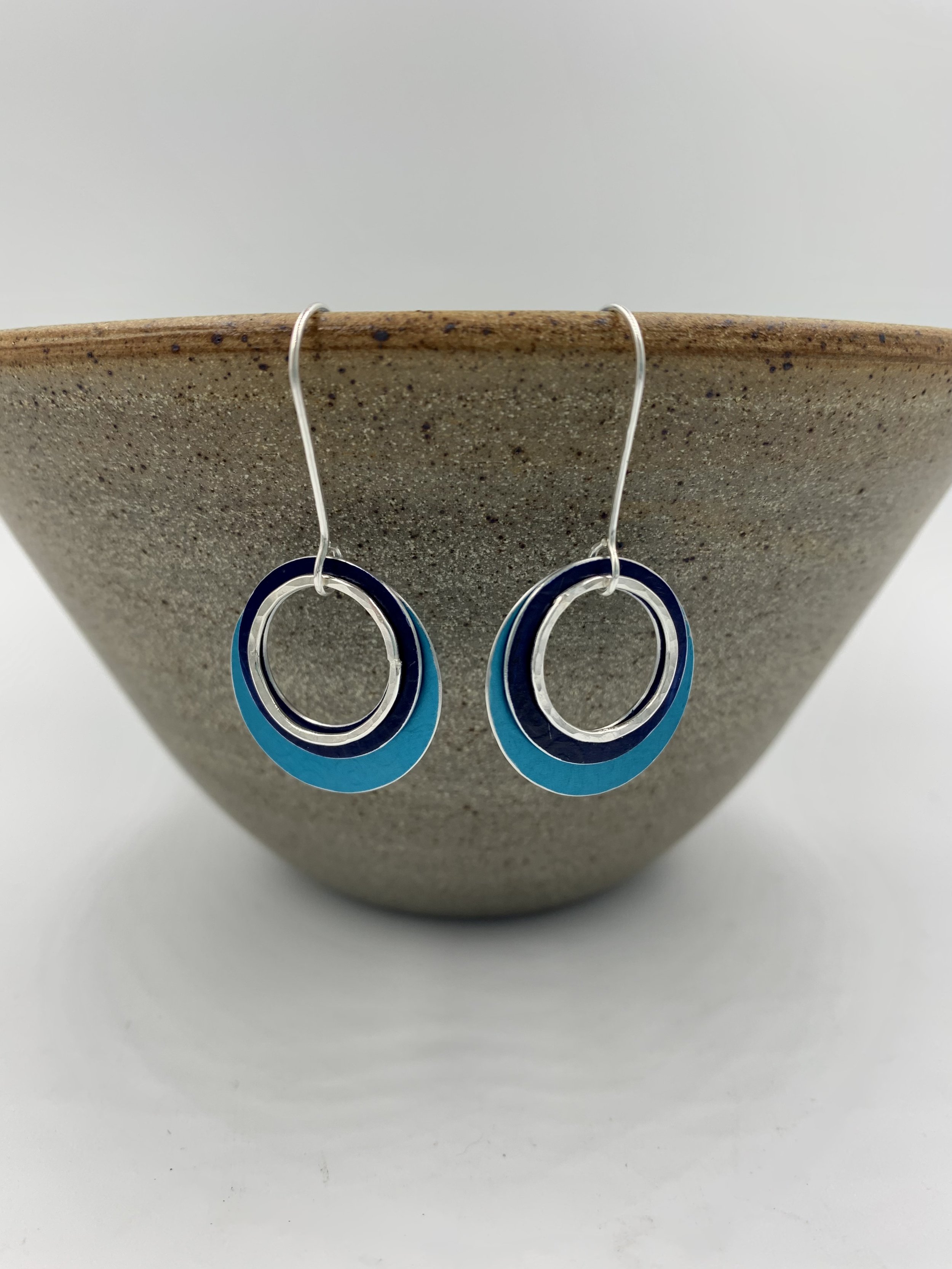 Large ripple earrings 3 rings turquoise navy and silver