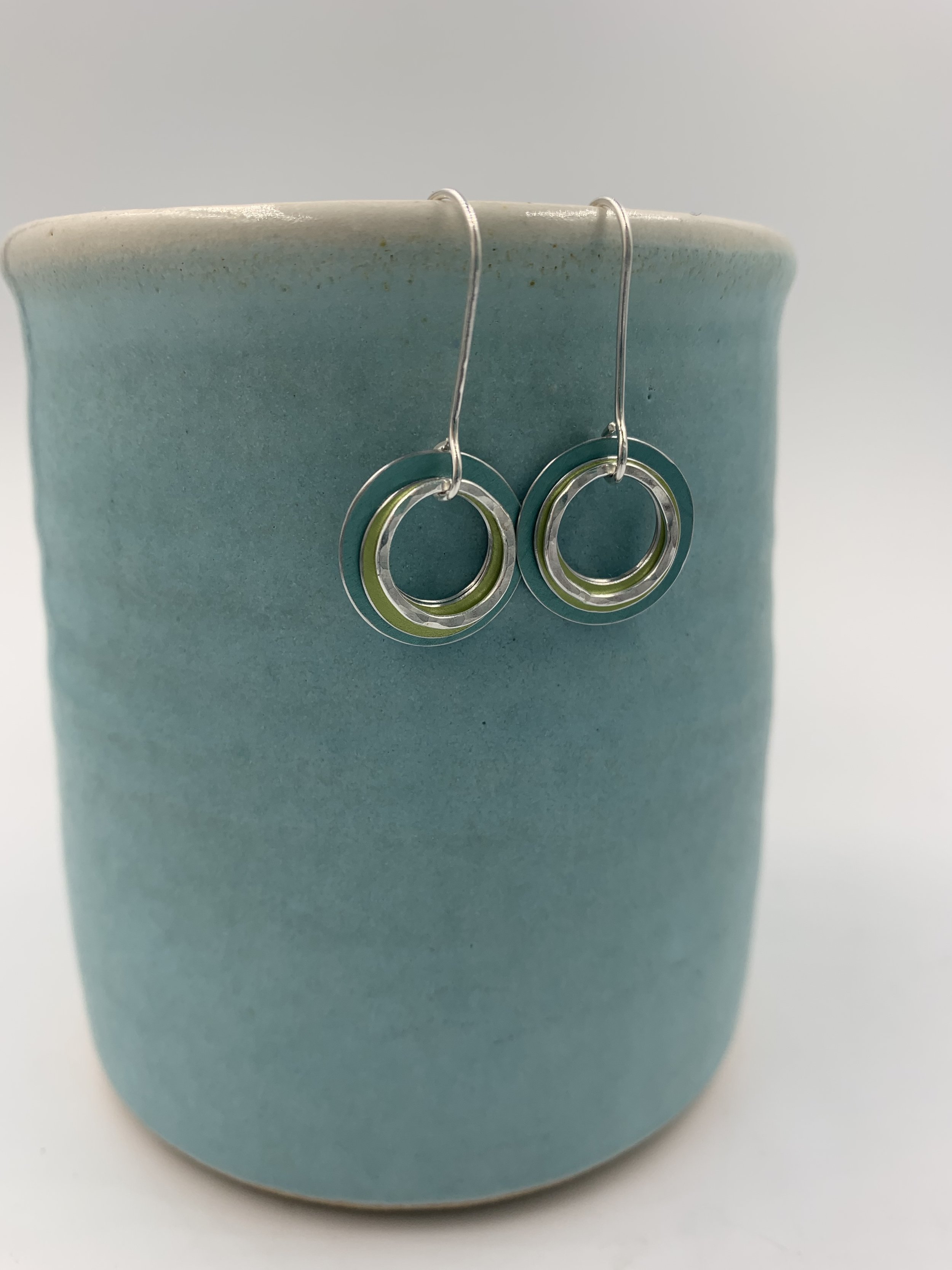 Small ripple earrings in navy teal lime green and silver