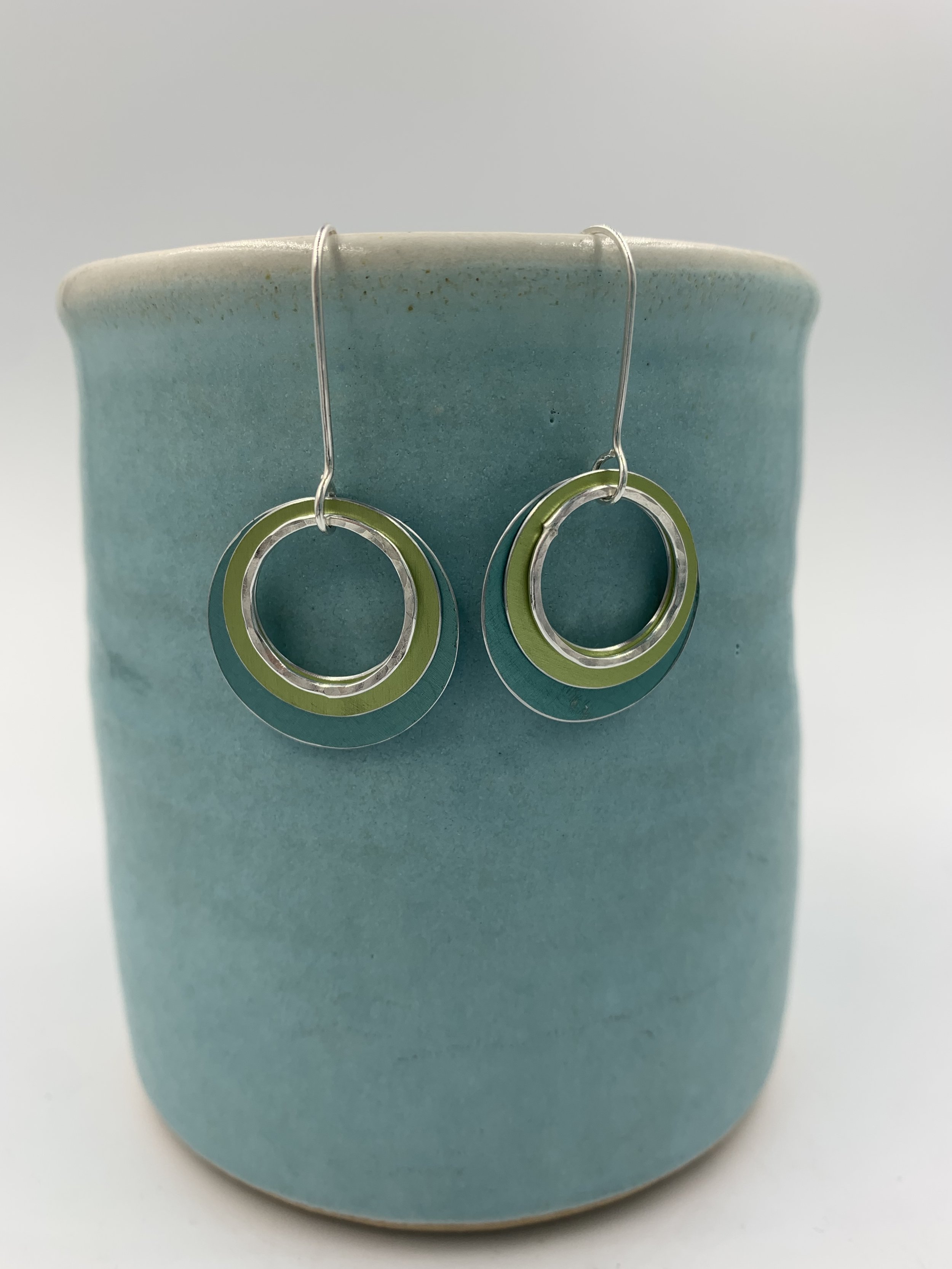 Large ripple earrings in navy teal lime green and silver