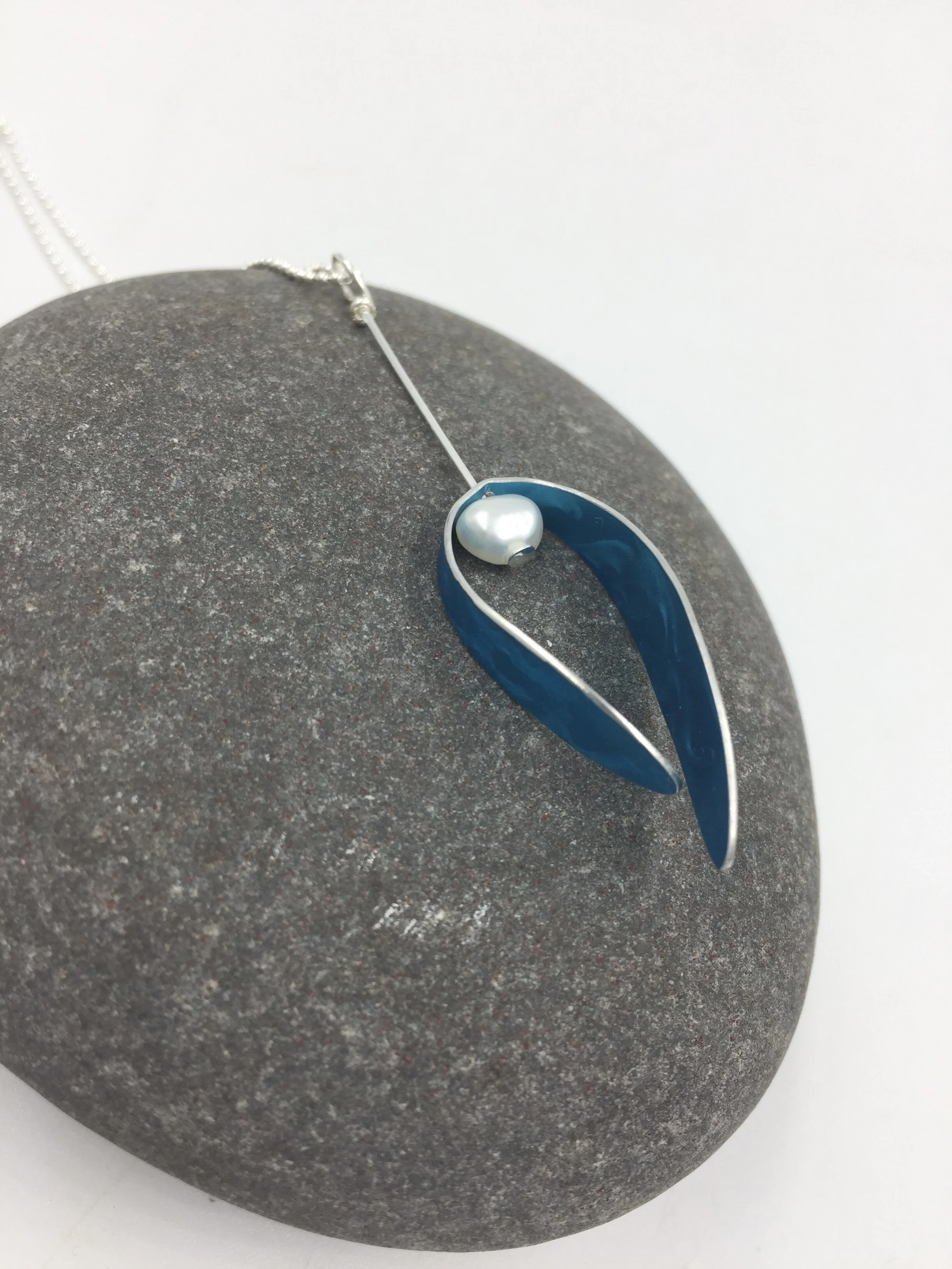 berry pendant with white pearl. curved leaf with pearl berry on sterling silver chain