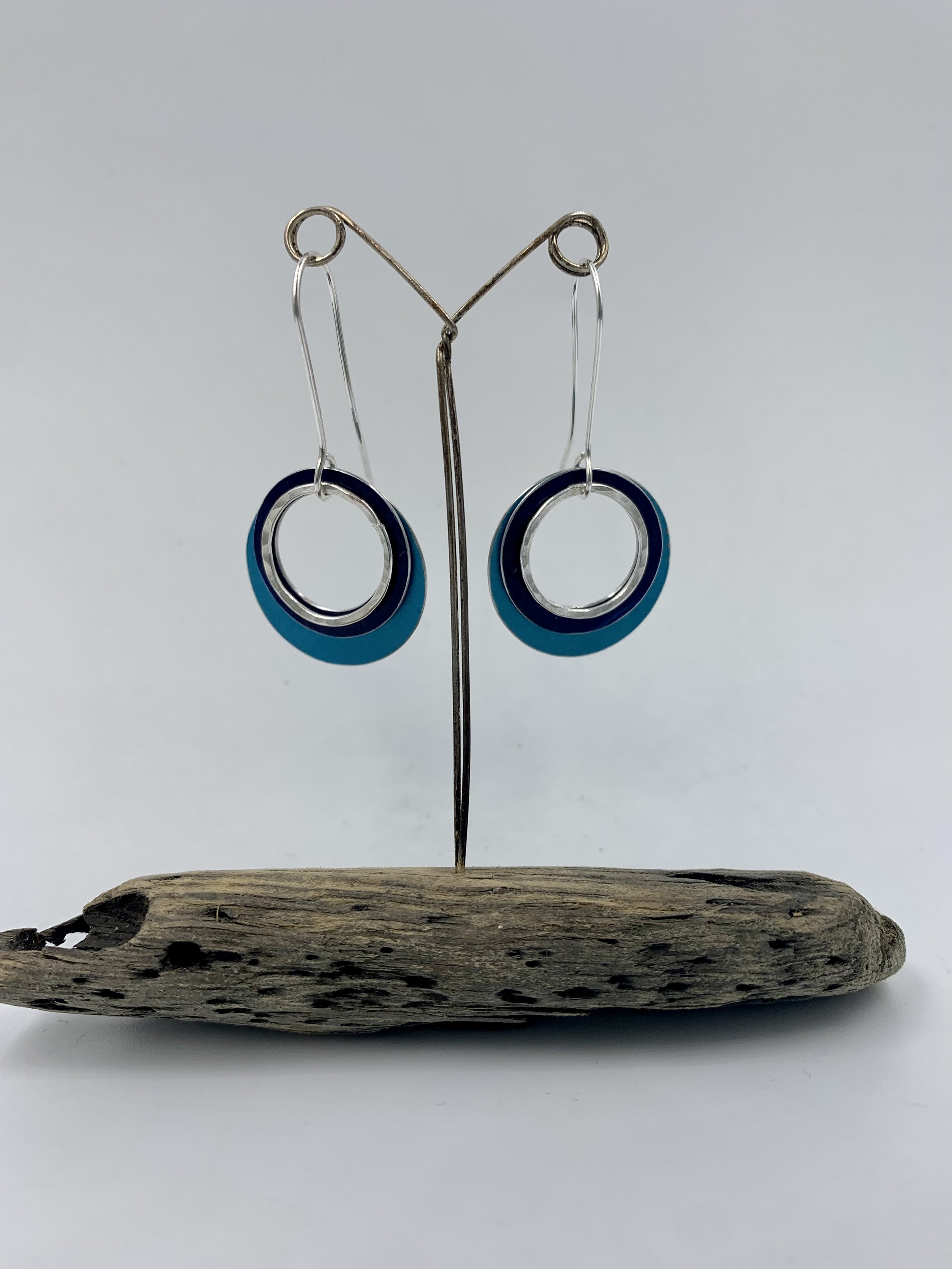 Large ripple earrings 3 rings turquoise navy and silver