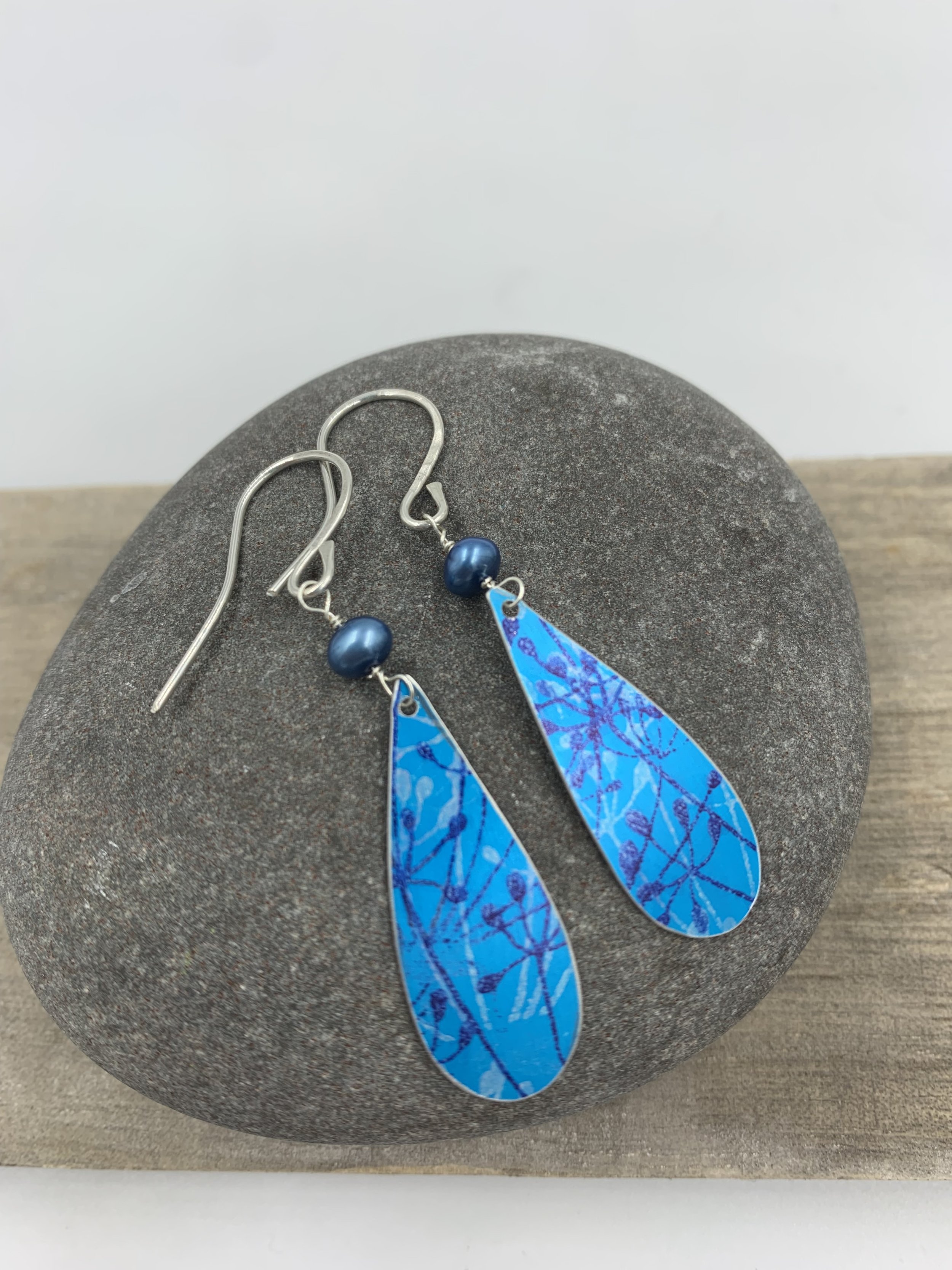 turquoise cow parsley print drop earrings with blue pearl