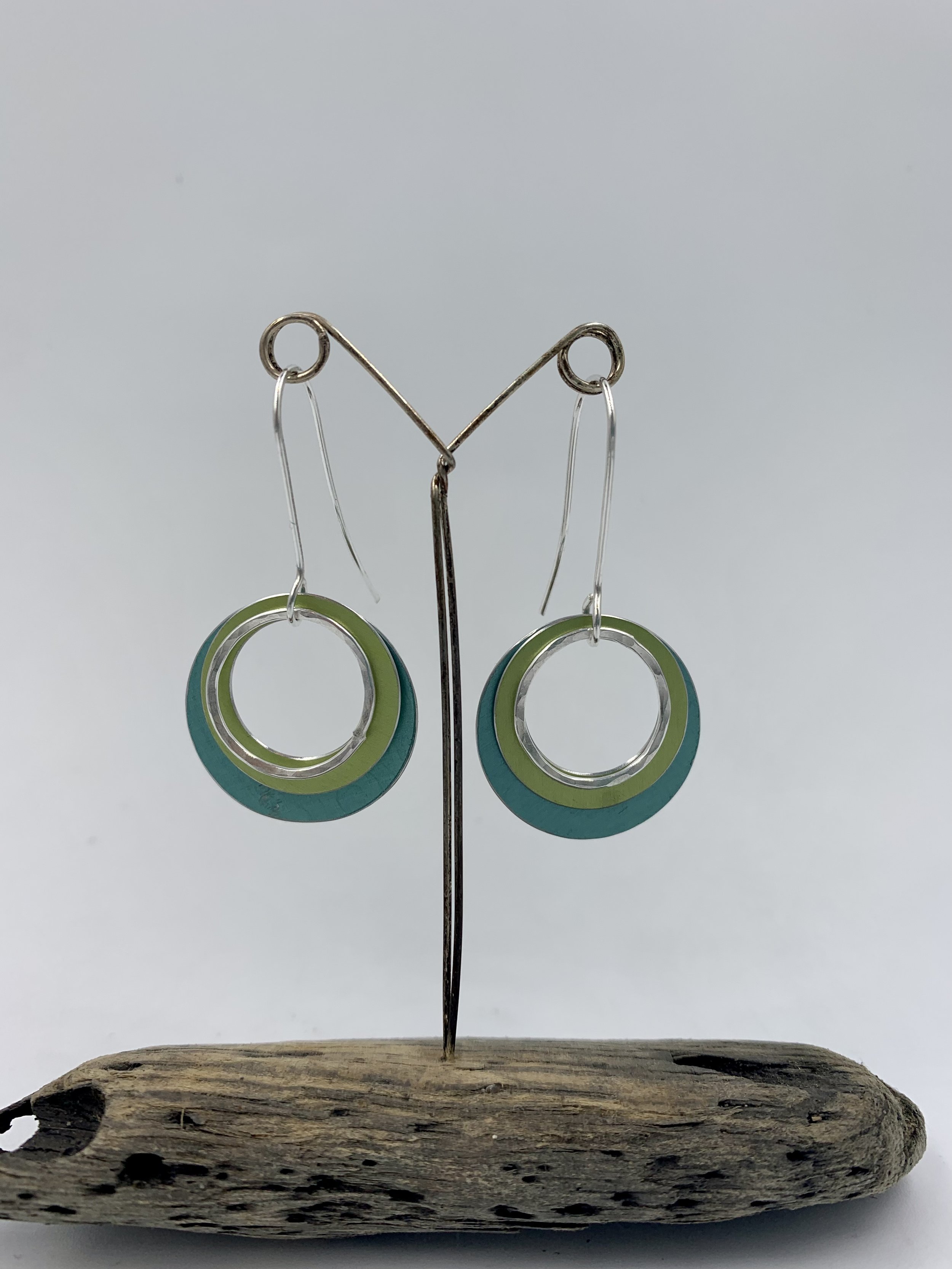 Large ripple earrings in navy teal lime green and silver