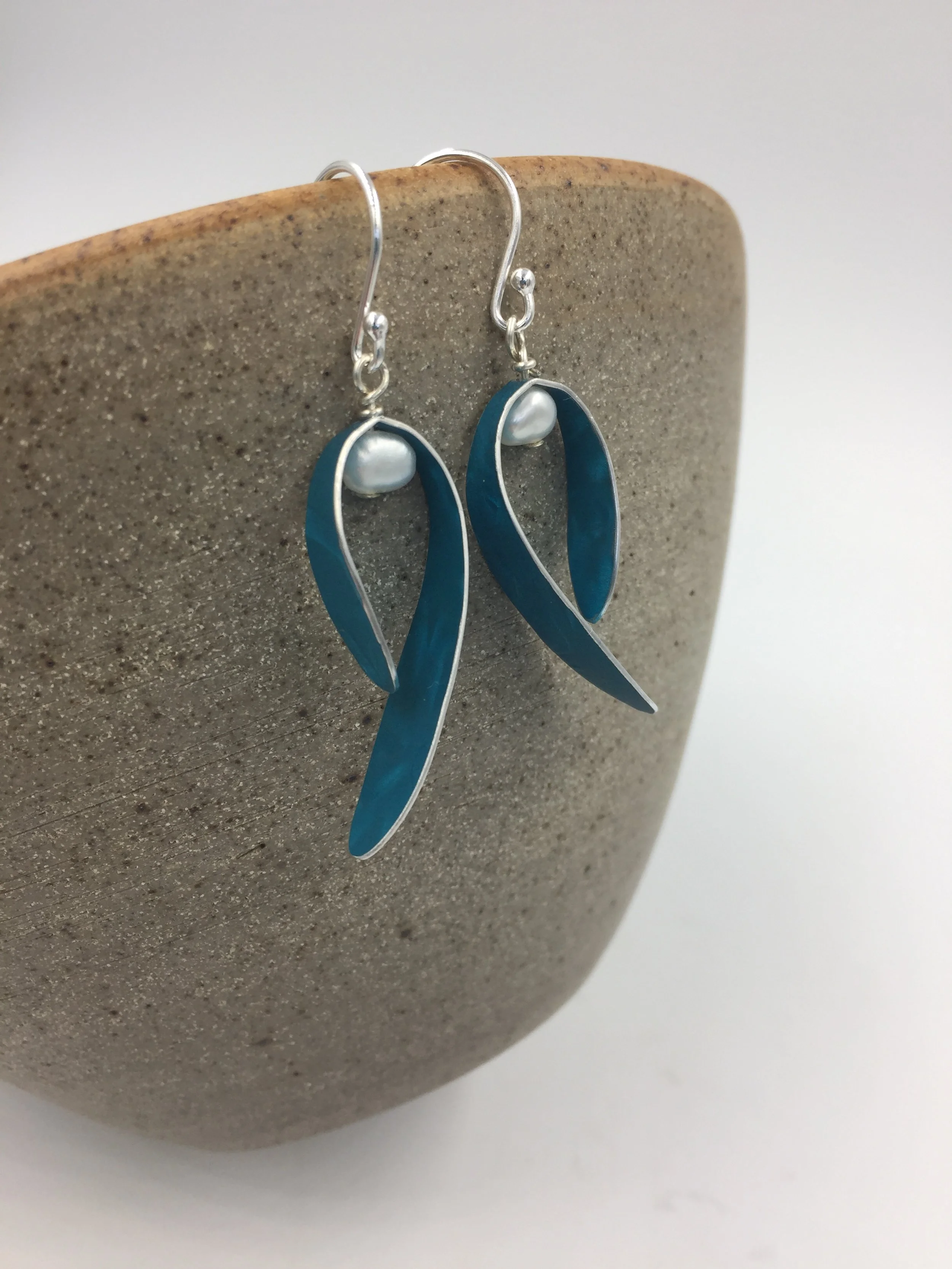 berry earrings with white pearl. curved leaf with white pearl berry on sterling silver hooks