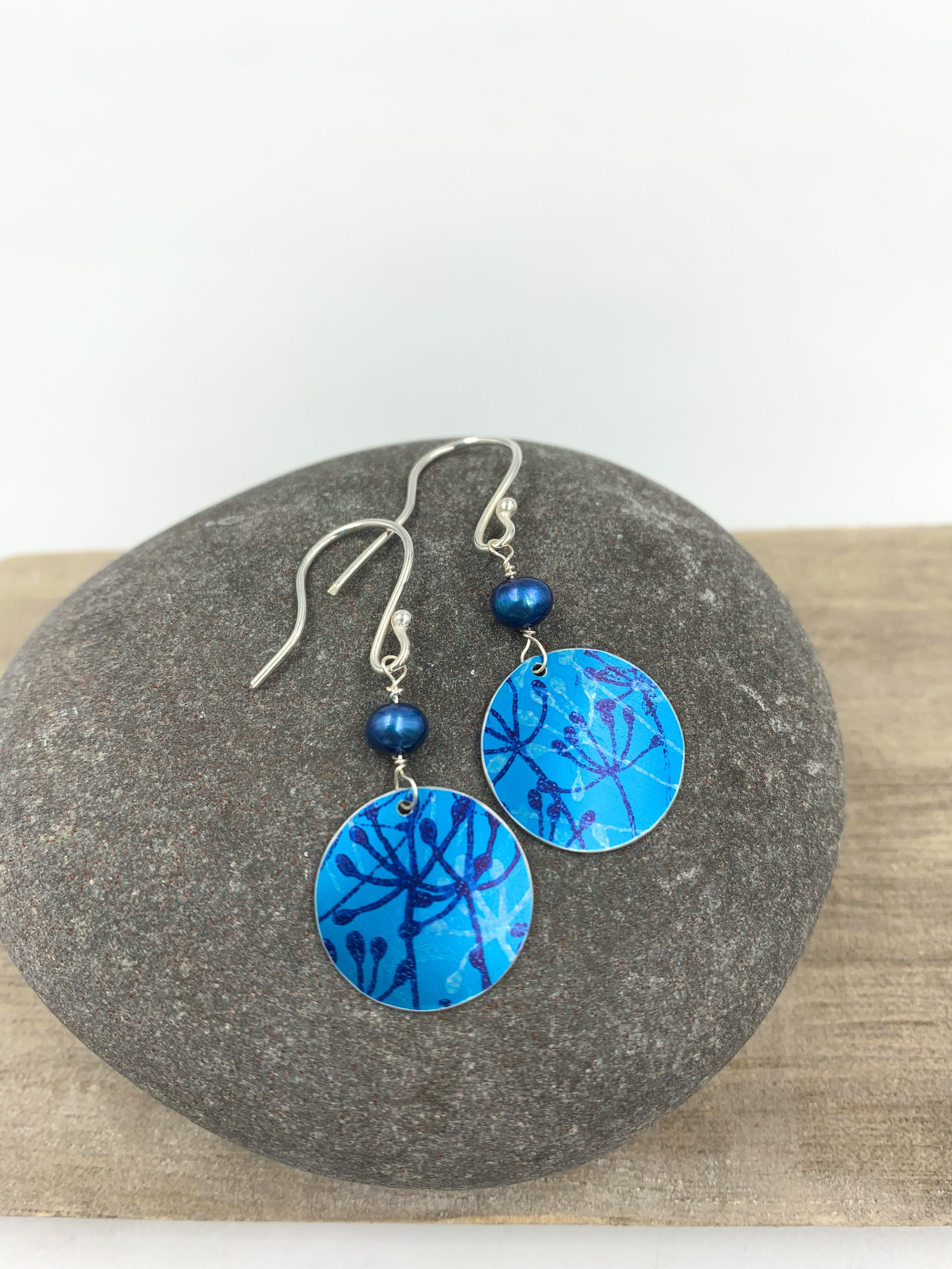 turquoise cow parsley print circle earrings with blue pearl
