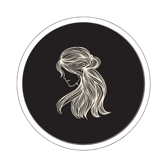 Line drawing of a woman's profile with long, wavy hair, set against a black background.