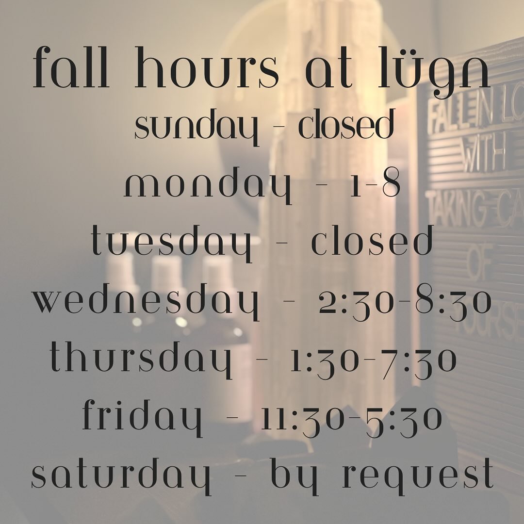Fall has arrived and new hours are live 🤍

My time based menu has been a HUGE hit! Come and experience it for yourself!

What is time based? It is an all inclusive experience, you simply pick the time and we formulate exactly what you and your skin 