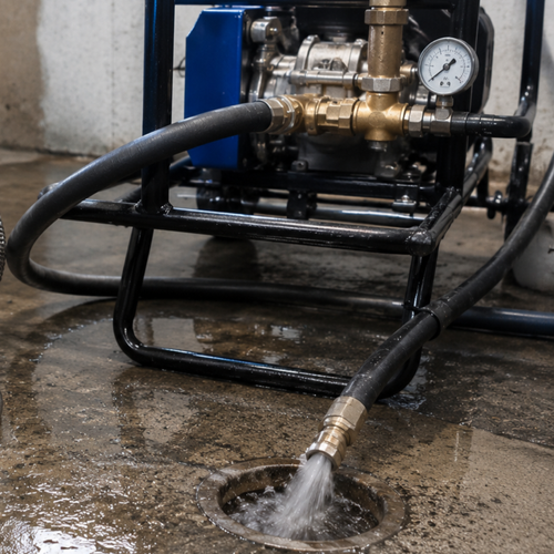 metal plumbing snake beside high pressure jetter on pipe