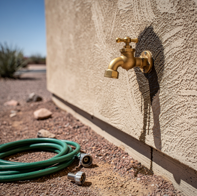 Leaking outdoor hose bib dripping onto wet brick wall