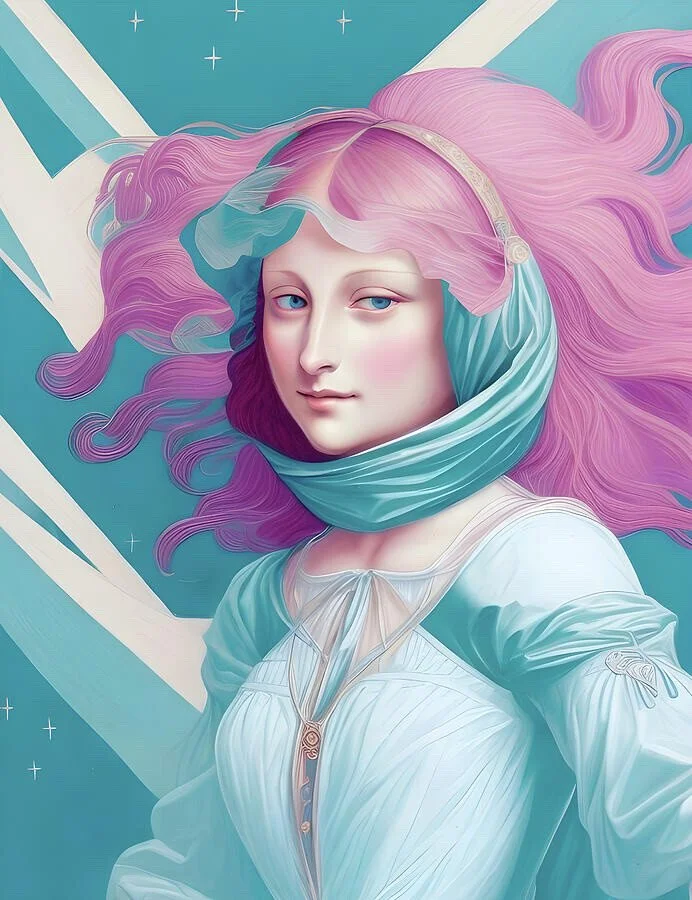 Digital illustration of a woman with long, flowing pink hair, wearing a teal headscarf and a white futuristic outfit, set against a blue cosmic background with stars and geometric shapes.