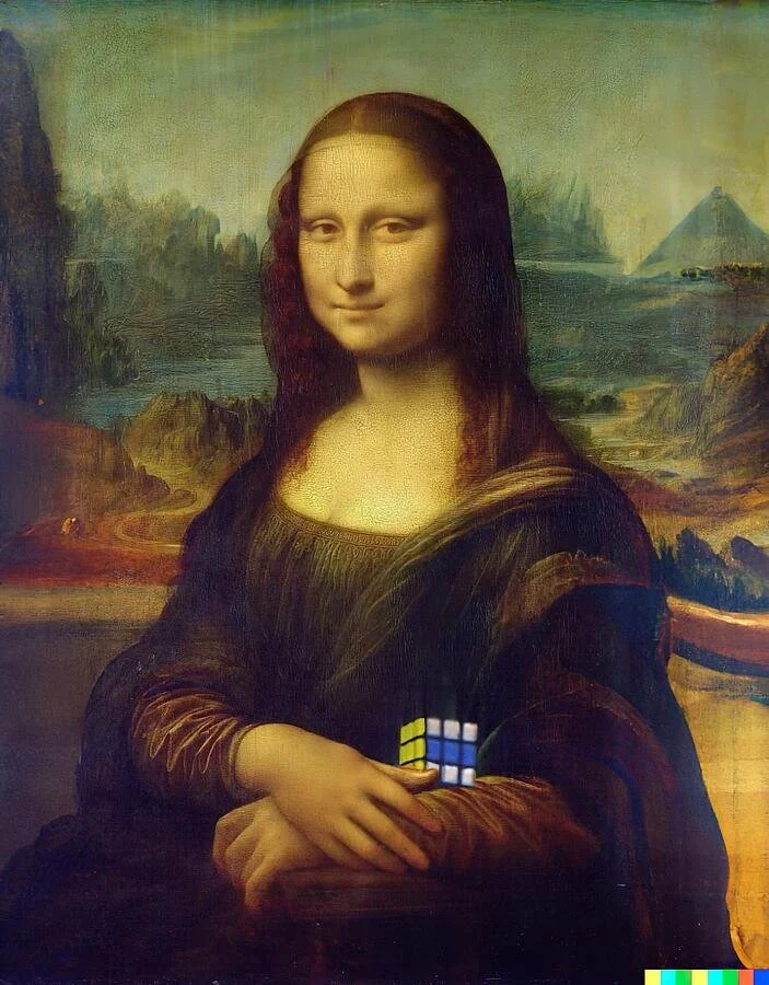 The Mona Lisa painting with a Rubik's cube in her hand.