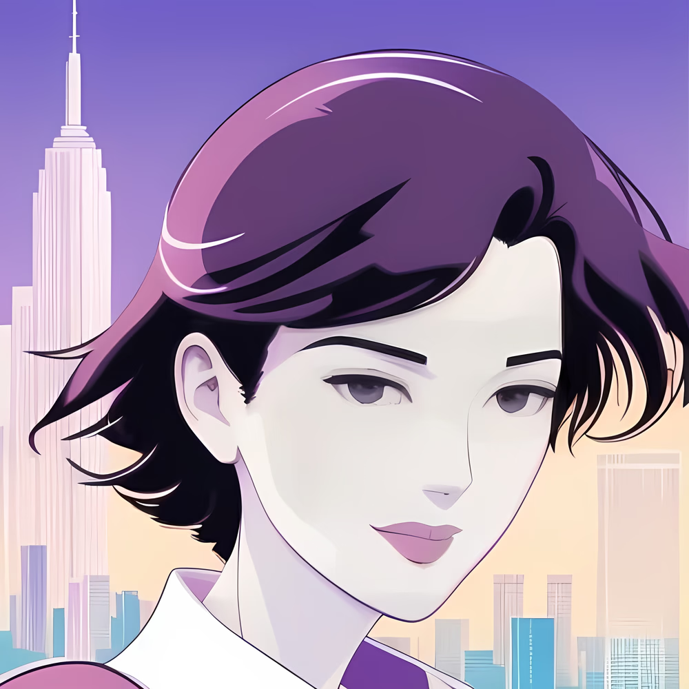 Digital illustration of a woman with short dark hair, city skyline in background with one prominent tall building, pastel gradient sky.