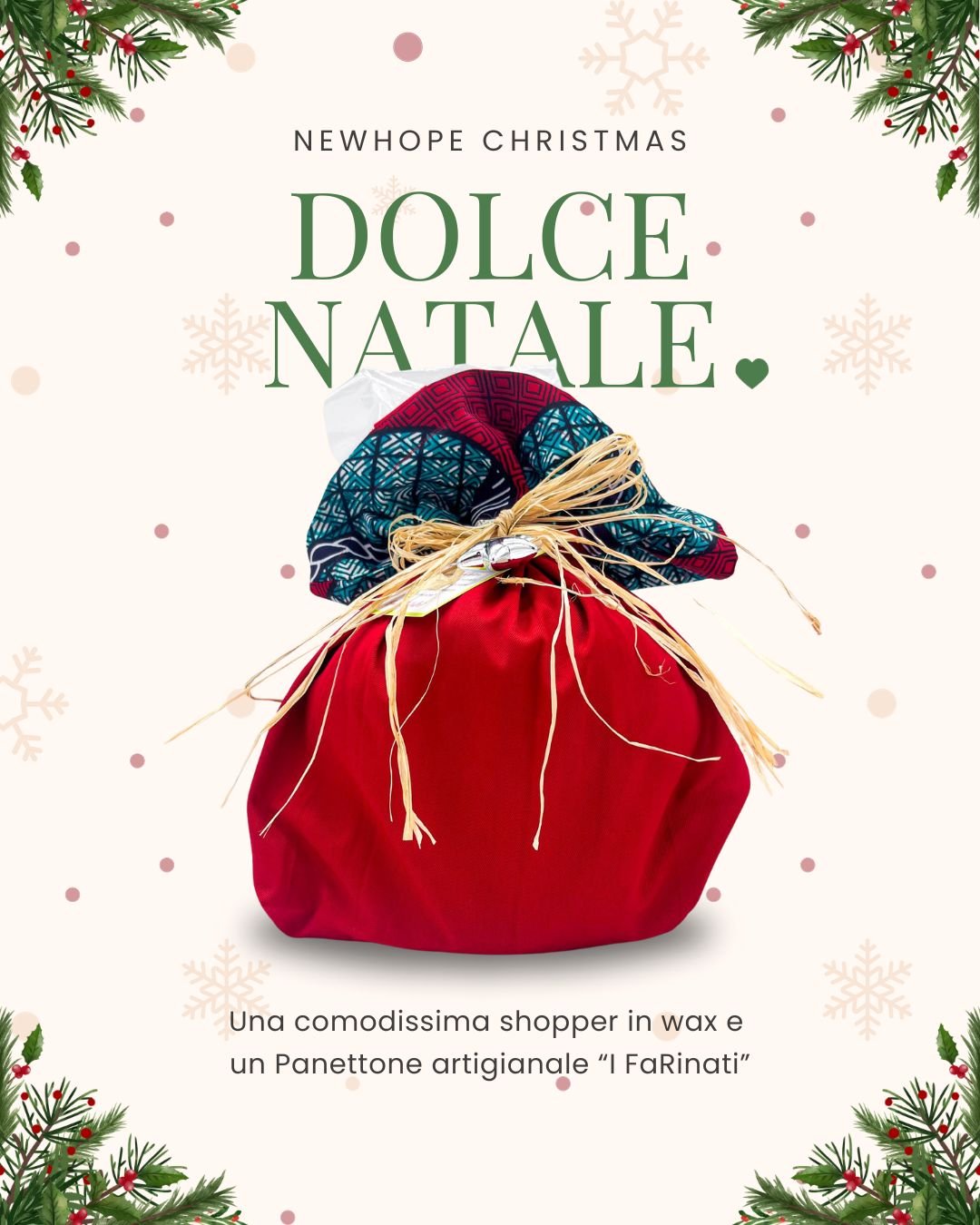 Augura un Dolce Natale con la speciale confezione #newHope contenente:

👉 una comodissima shopper in tessuto con fascia africana wax

👉 un Panettone artigianale Classico o al Pistacchio da 1kg realizzato da I @fa_rinati 

I FaRinati &egrave; un pro
