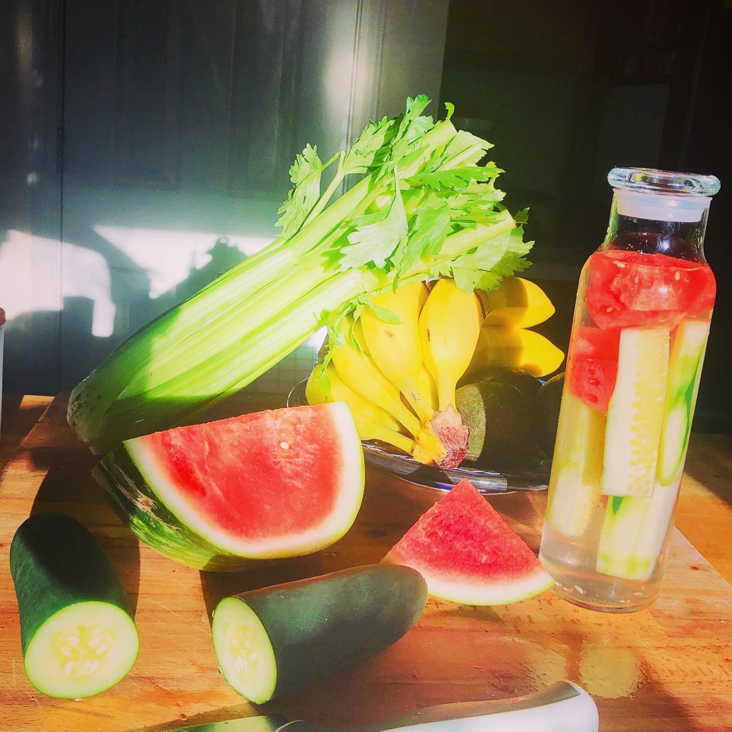 What&rsquo;s your favorite infused water recipe? #infusedwater #celery #watermelon #cucumber #healthyfastfood #hydration