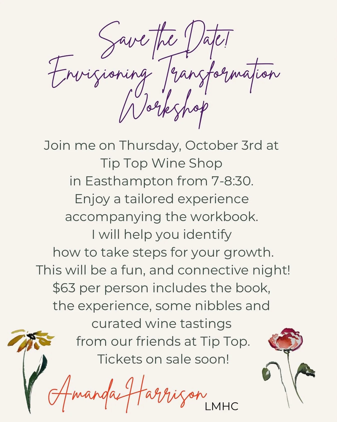 I&rsquo;m incredibly excited (and a little nervous!!) to put this out there! I&rsquo;ll be hosting my first live, in person workshop to accompany my Envisioning Transformation workbook. Thrilled to be collaborating with the oh so awesome @tiptopwines