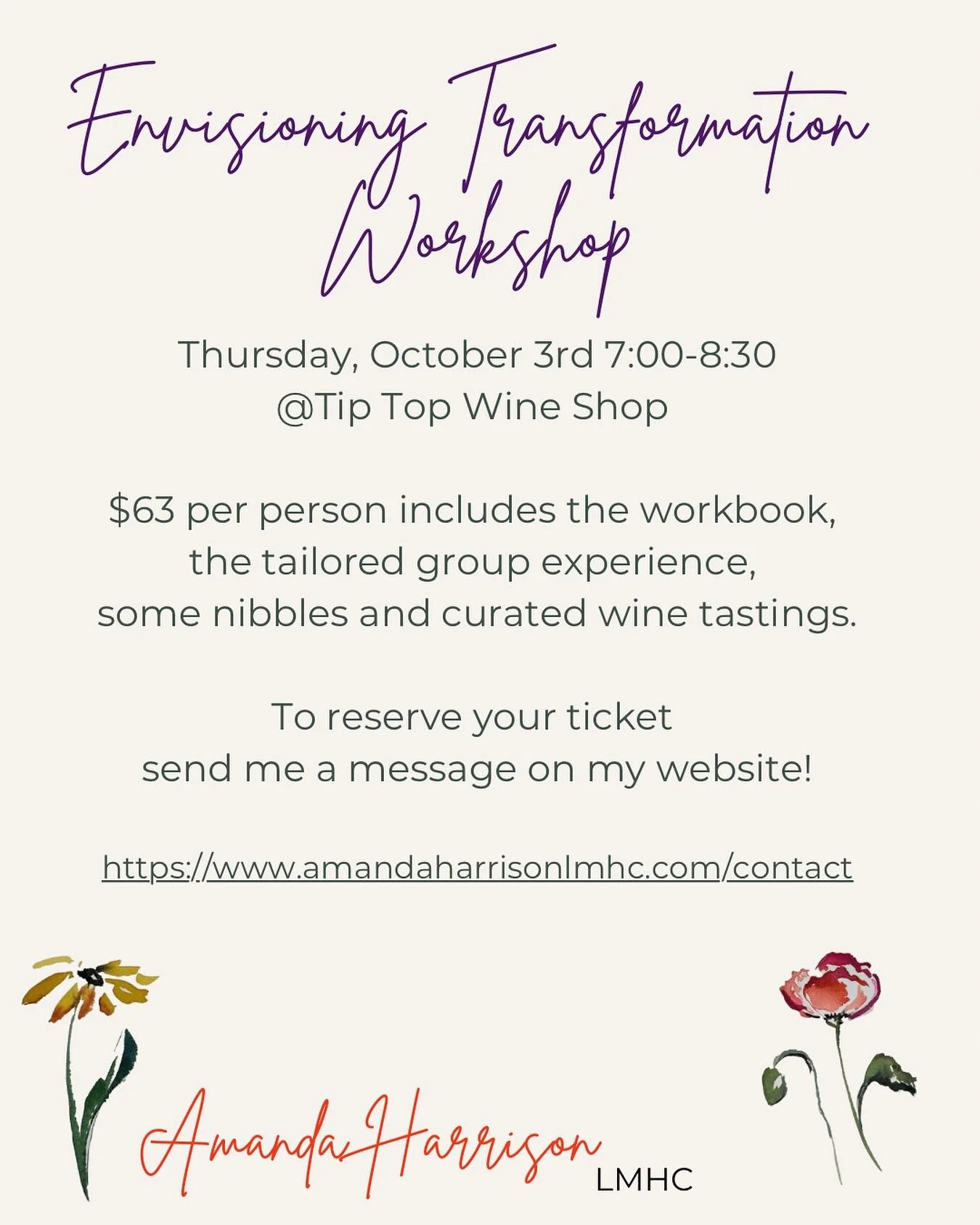 Here is the info on how to register for my upcoming workshop! Because I&rsquo;m limiting tickets to only 12, please make sure you reach out soon. To reserve your spot, contact me through my website. Link in bio and here https://www.amandaharrisonlmhc