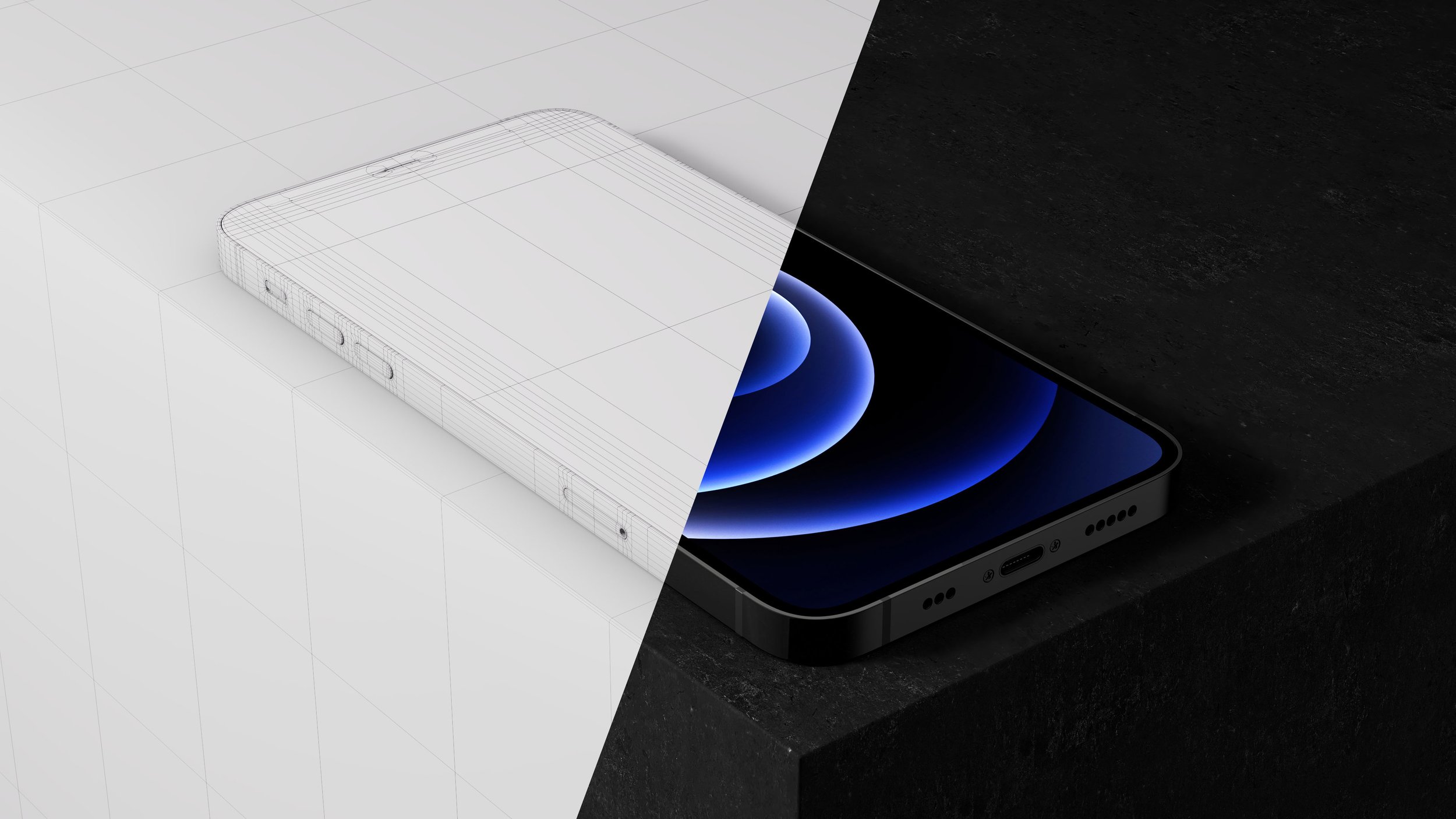 Split view of the iPhone 12 Pro: one half featuring high-resolution renders with detailed textures and lighting, the other showcasing the raw 3D geometry without textures.