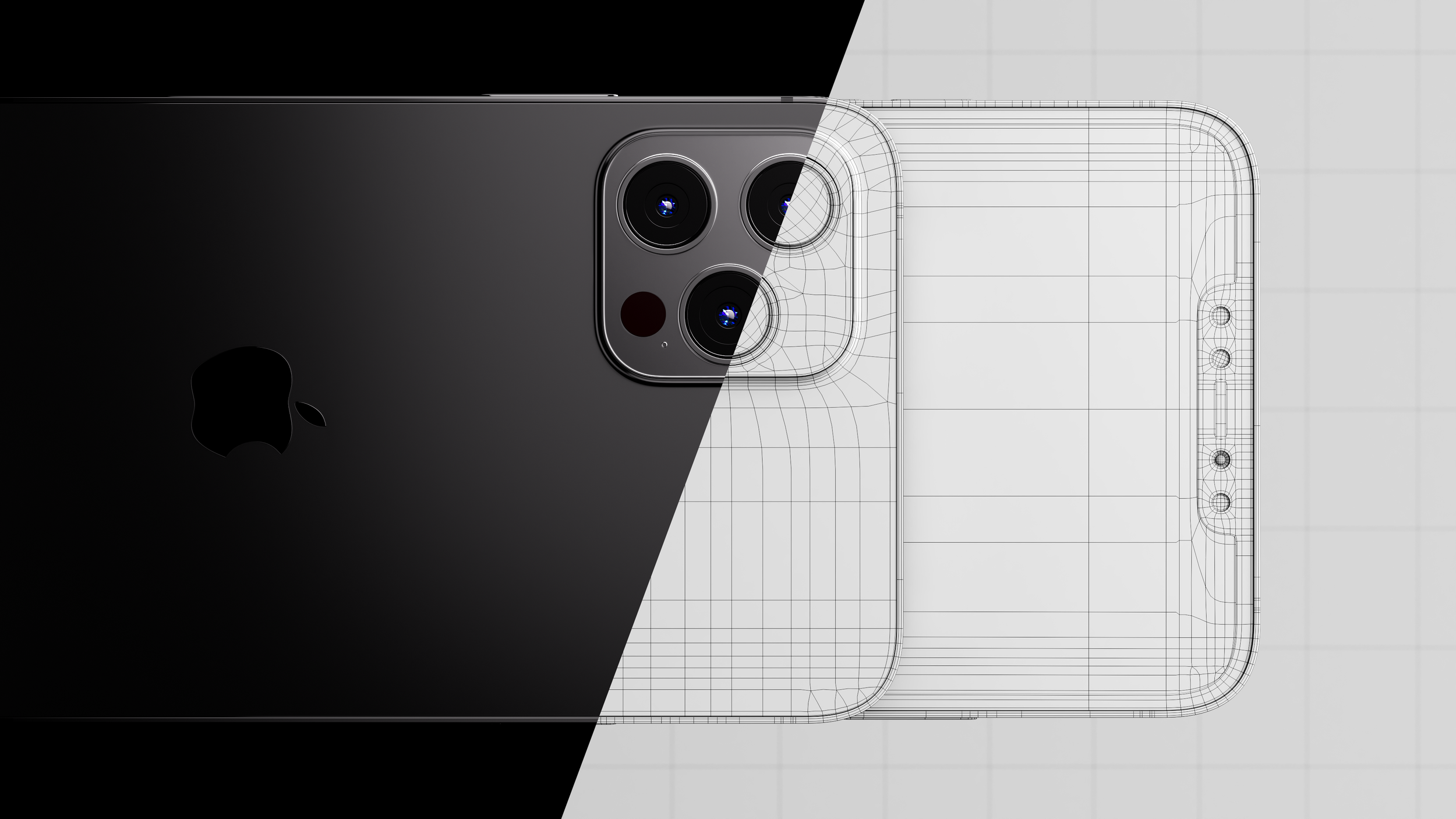 Split view of the iPhone 12 Pro: one half featuring high-resolution renders with detailed textures and lighting, the other showcasing the raw 3D geometry without textures.