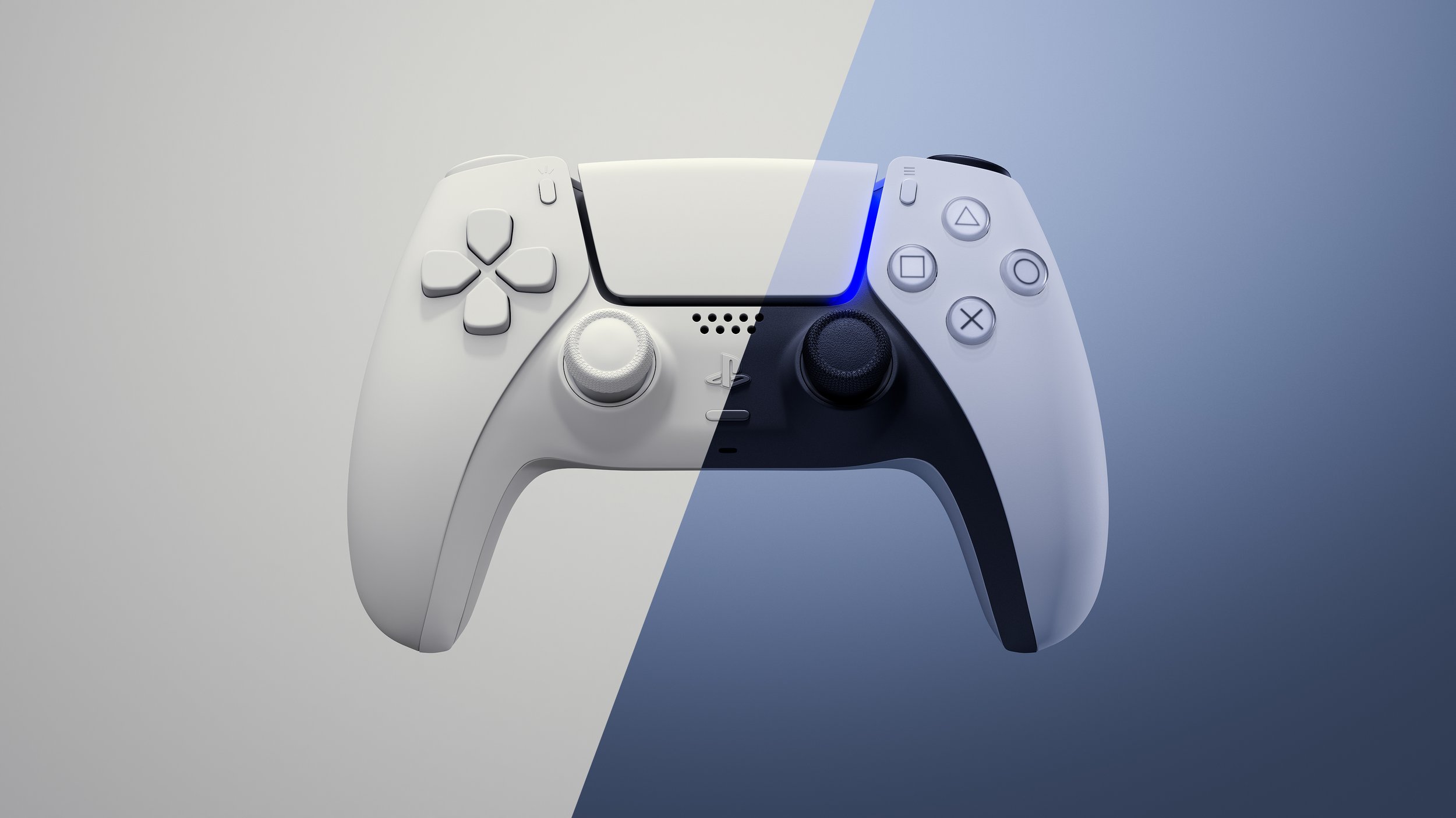 Comparison of the PlayStation 5 controller: one side with intricate textures and materials, the other displaying the untextured 3D model with visible geometry details.