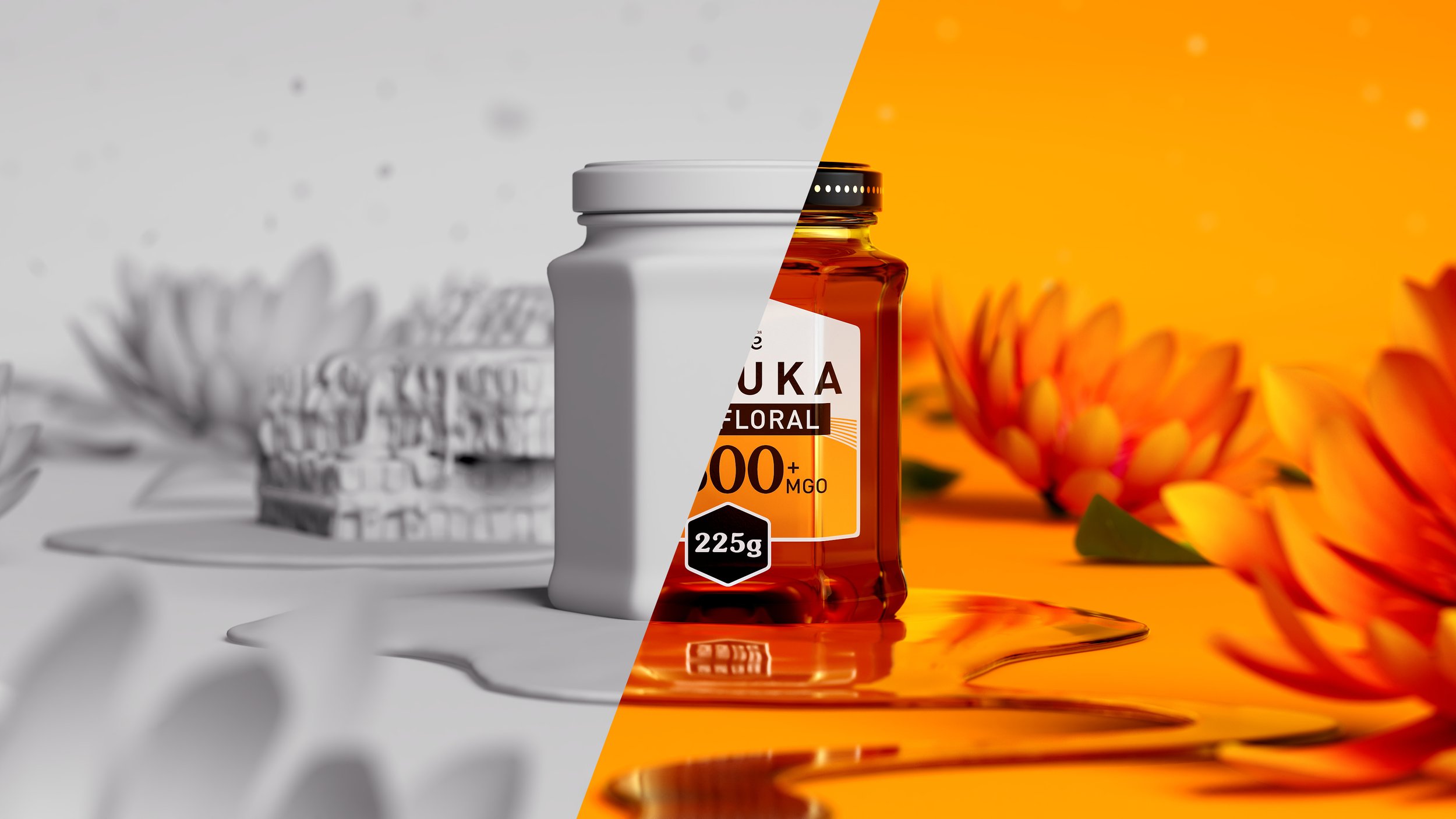 Split view showcasing the Rowse Manuka Honey jar: one side features the detailed final render, while the other reveals the raw 3D model without textures.