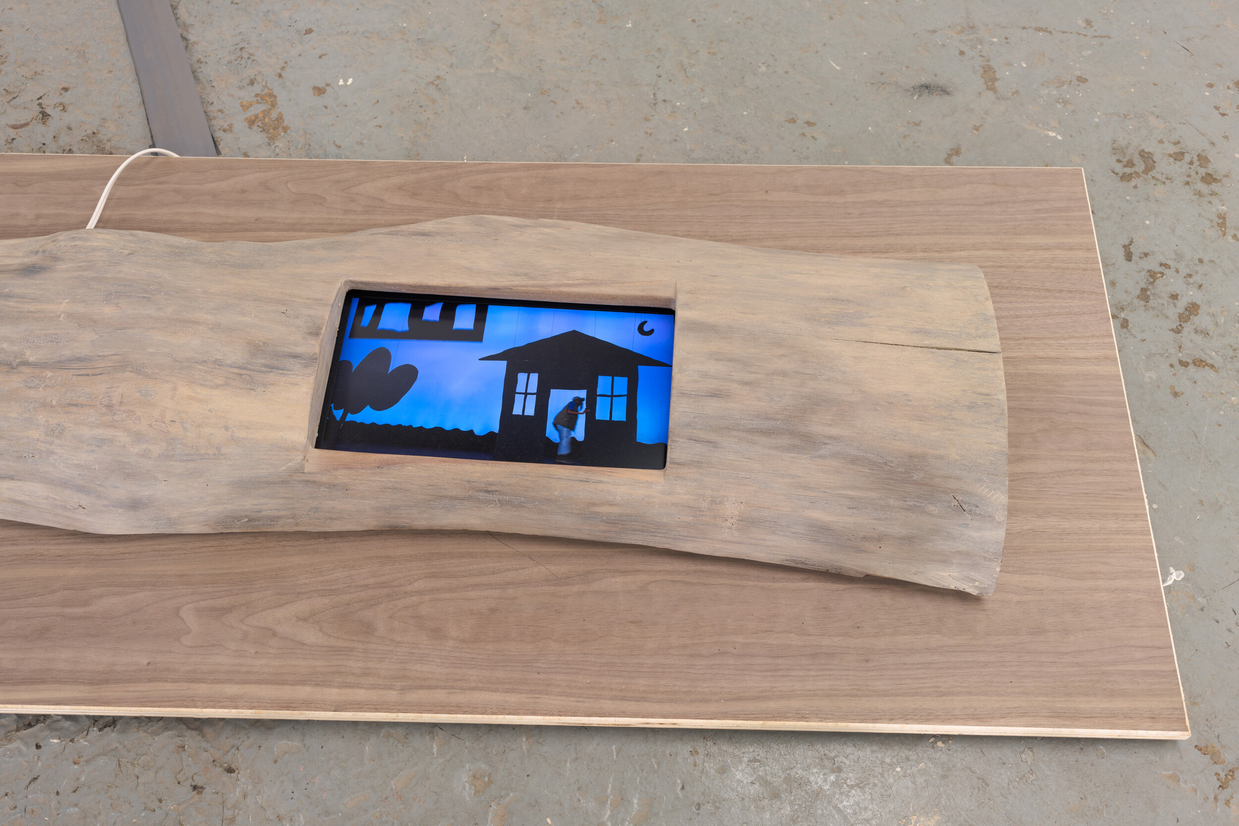  Lex Brown,  Home , 2021. Live edge wood with video player, 5 minutes, 32 seconds. Courtesy of the artist and Deli Gallery. Photo: Nando Alvarez-Perez. 