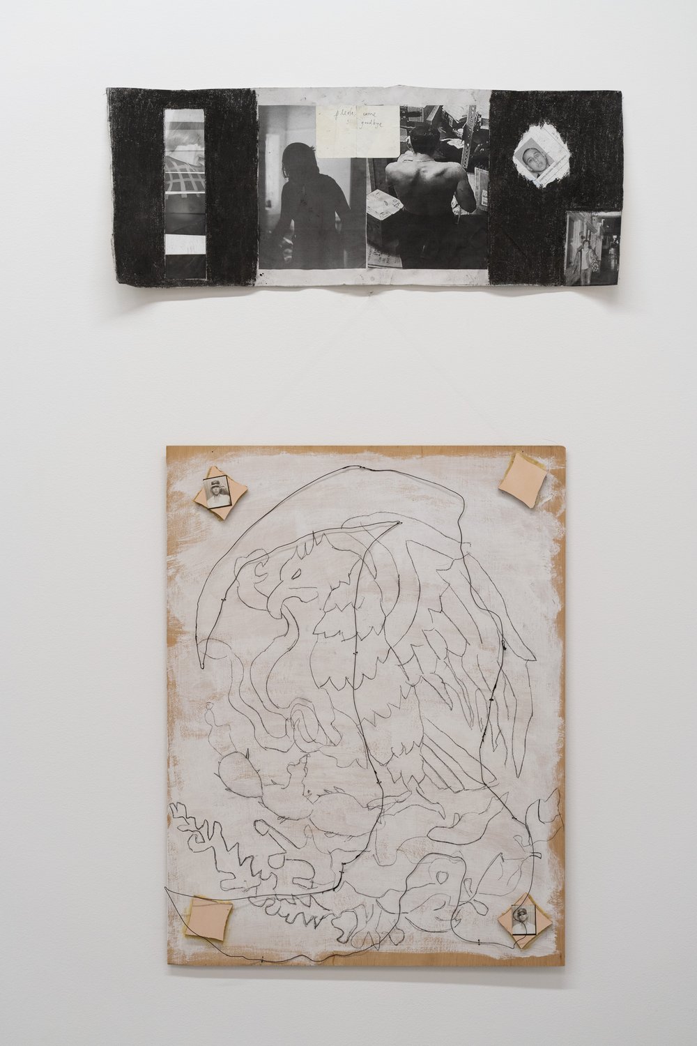  Top: Joseph Rayo, Please Come Say Goodbye , 2020. Inkjet print, silver gelatin print, charcoal, pen on canvas, 12 ½ x 33 inches.   Bottom: Joseph Rayo,  Pops Botas , 2022. Tile, wire, charcoal, and acrylic on wood panel, 34 x 26 inches.&nbsp;  Both 