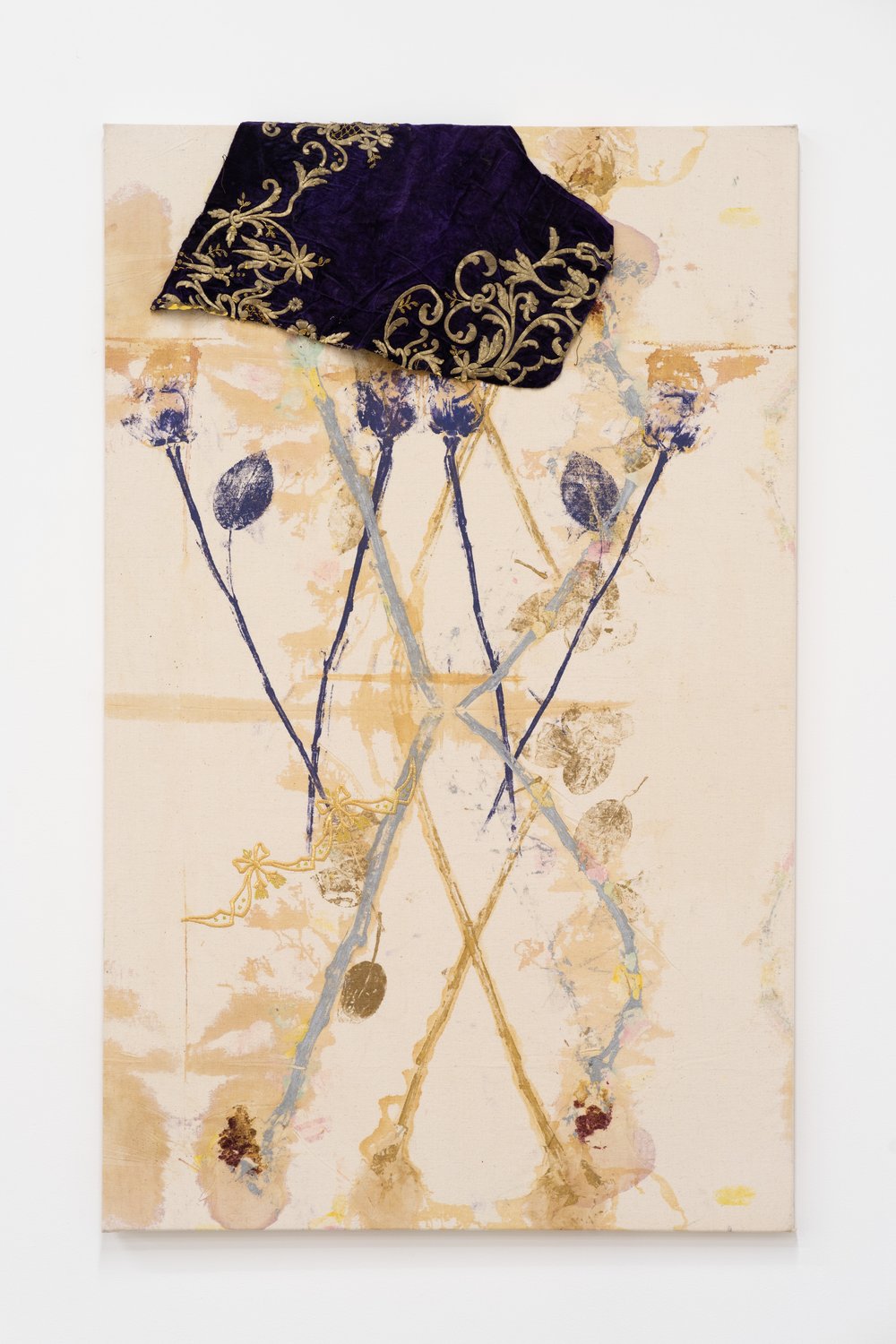  Chrysanne Stathacos,  Rose Ottoman II , 2017. Printed roses, embroidery, and antique velvet on linen, 48 x 30 inches. Courtesy of the artist and The Breeder, Athens. Photo: Nando Alvarez-Perez. 