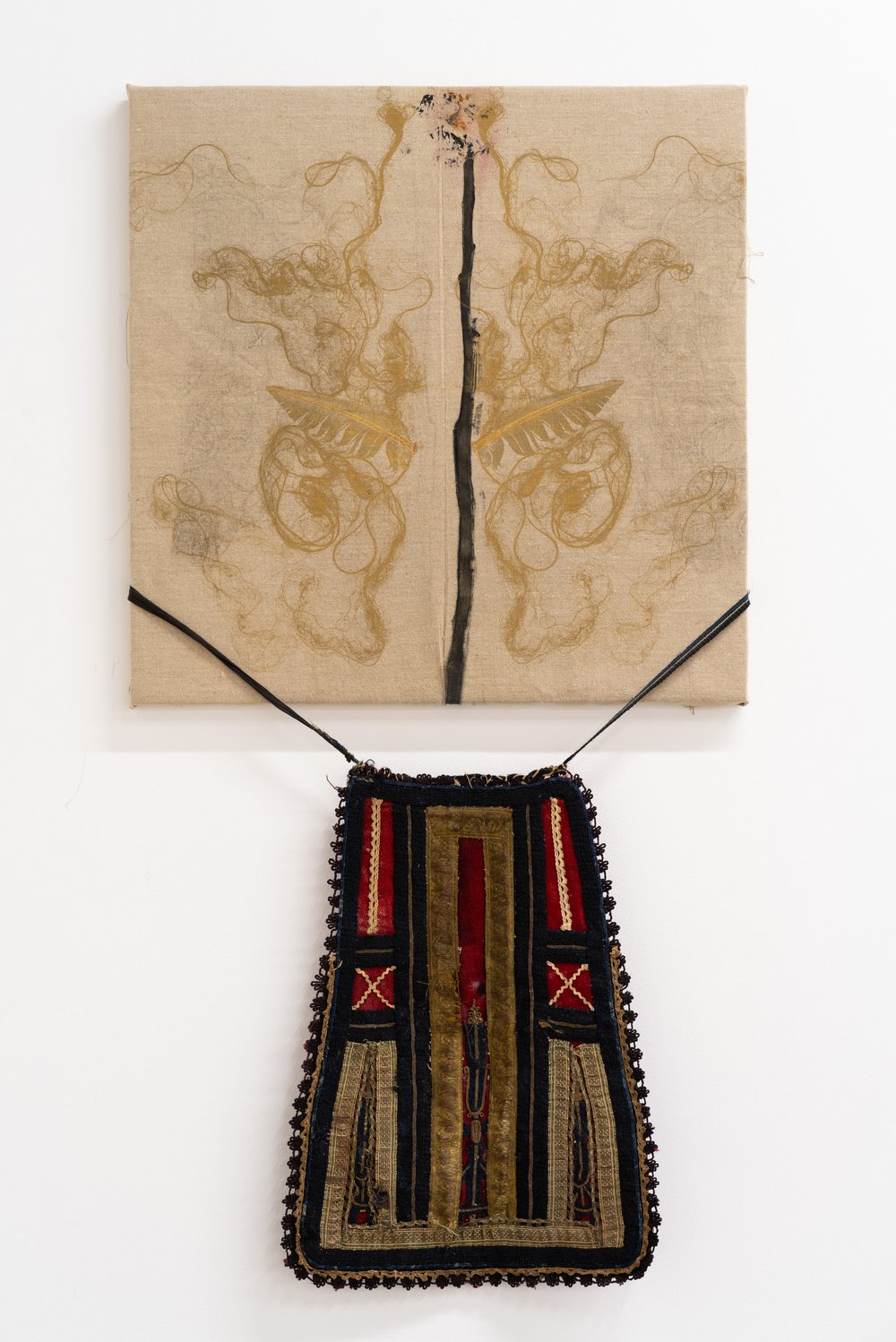  Chrysanne Stathacos,  Rose Apron , 2017-18. Printed hair, rose, and feather on linen and antique apron, 48 x 24 inches. Courtesy of the artist. Photo: Nando Alvarez-Perez. 