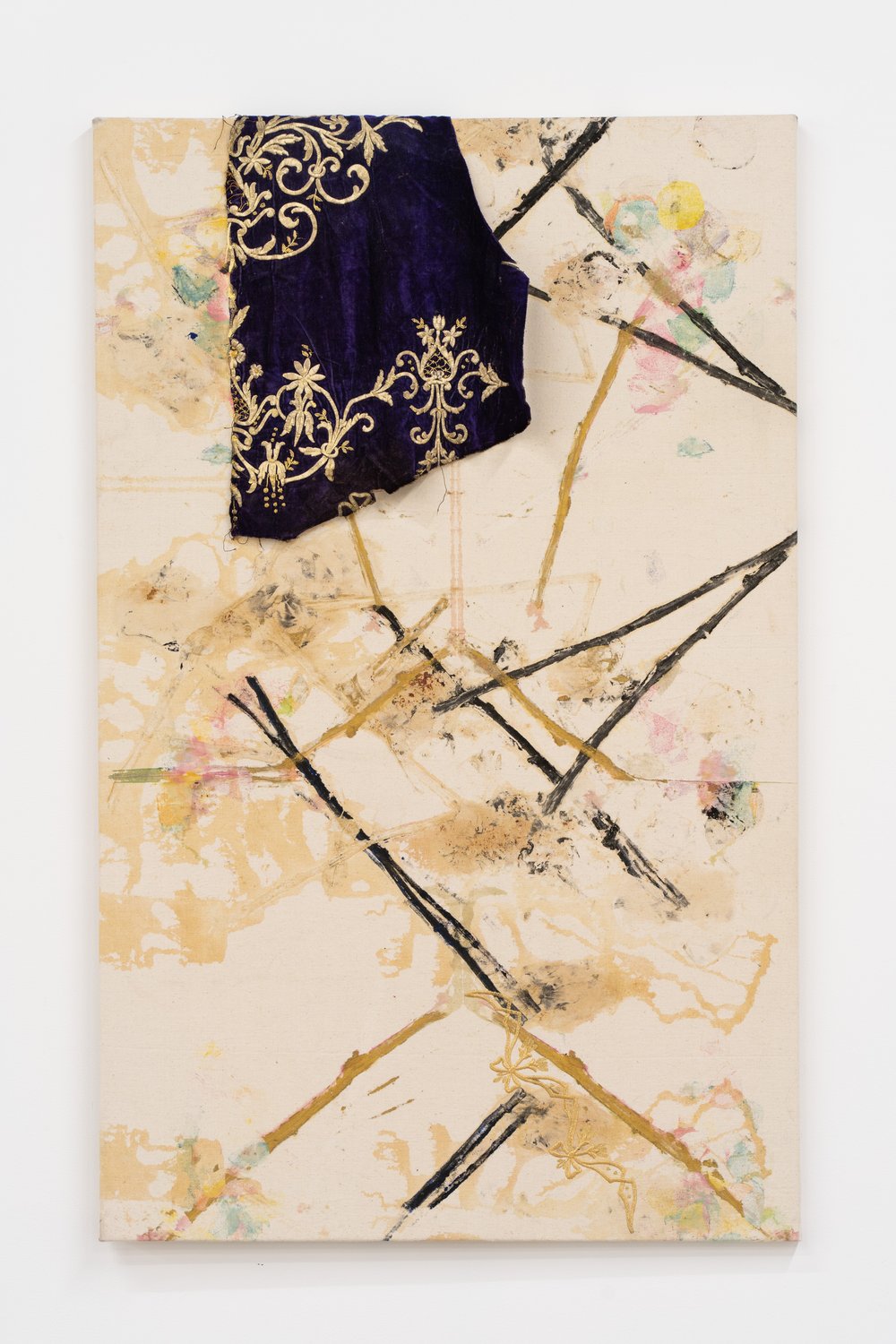  Chrysanne Stathacos,  Rose Ottoman I , 2017. Printed roses, embroidery, and antique velvet on linen, 48 x 30 inches. Courtesy of the artist and The Breeder, Athens. Photo: Nando Alvarez-Perez. 